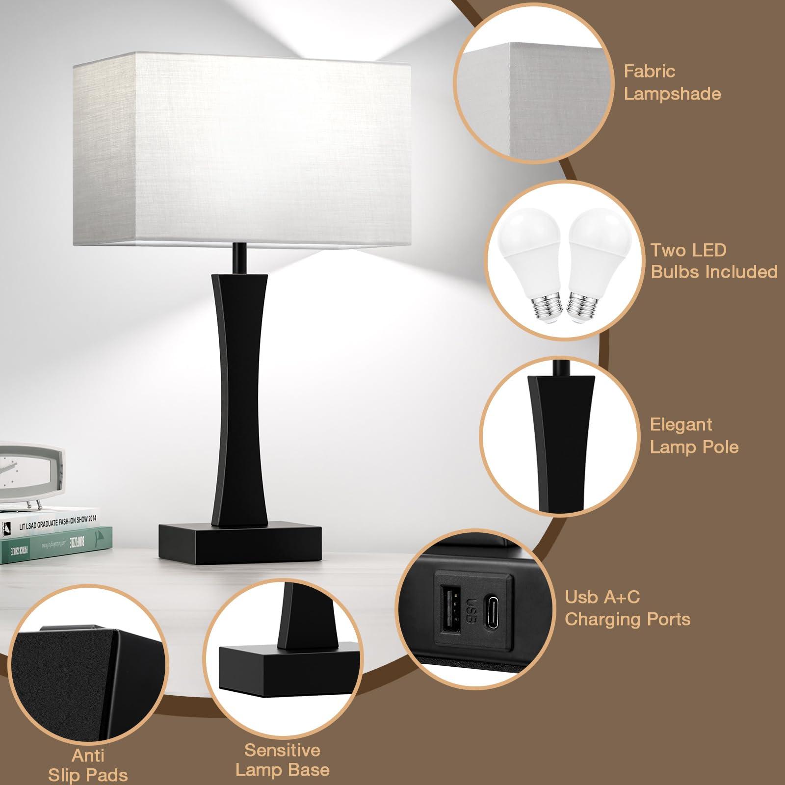 Bedside Lamps for Night Stands - 3 Way Dimmable Table Lamp for Bedroom with USB C+A Ports,Modern Bedside Lamps Set of 2, Touch Lamps for Nightstand Living Room Side Table End Tables(Bulbs Included) - Image 6