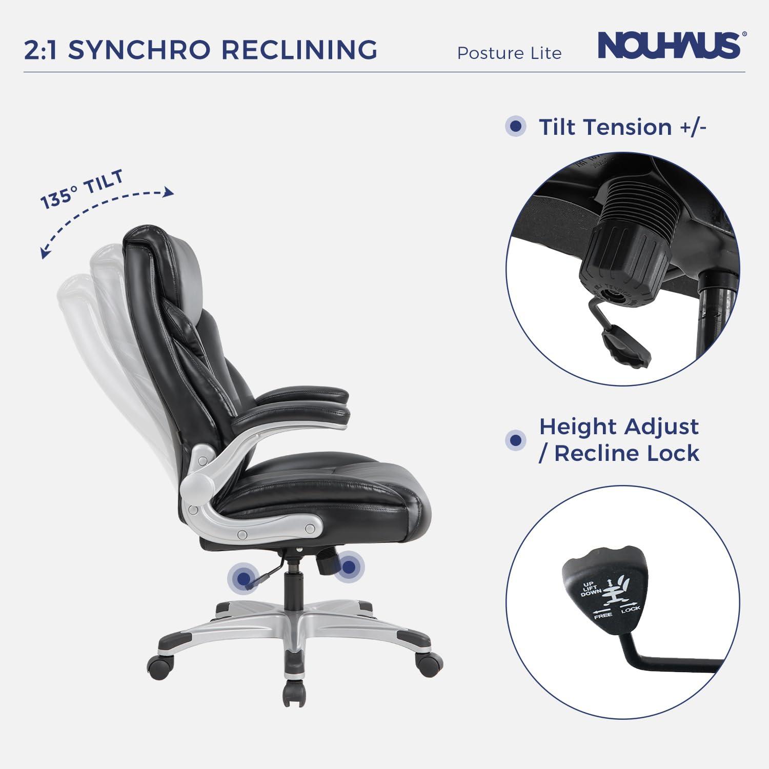 Nouhaus Big and Tall Desk Office Chair with Lumbar Support, High Back PU Leather Ergonomic Office Chair, Executive Desk Chair Computer Chairs with Adjustable Flip-up Armrests (Posture Lite,Black) - Image 4