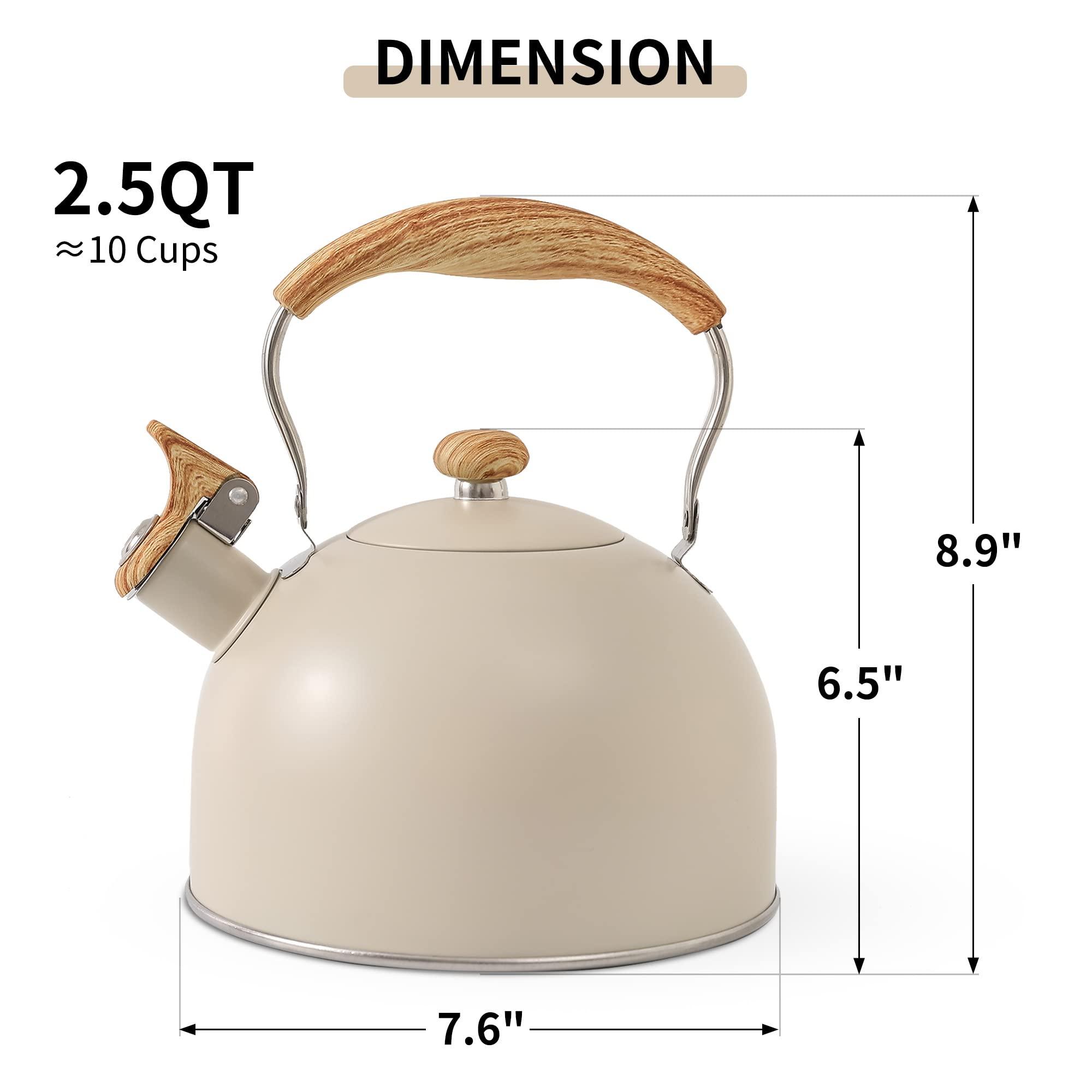 LONFFERY Tea Kettle for Stove Top, 2.5 Quart Whistling Tea Kettle, with Food Grade Stainless Steel and Wood Pattern Folding Handle, Creamy White - Image 2