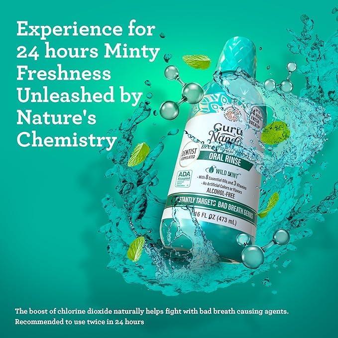 GuruNanda Fresh Breath Mouthwash, ADA-Accepted, Alcohol & Fluoride-Free, Sodium Chlorite, Essential Oils & Vitamins, 12-Hrs Fresh Breath, Wild Mint, 16 oz - 2 Pack - Image 3