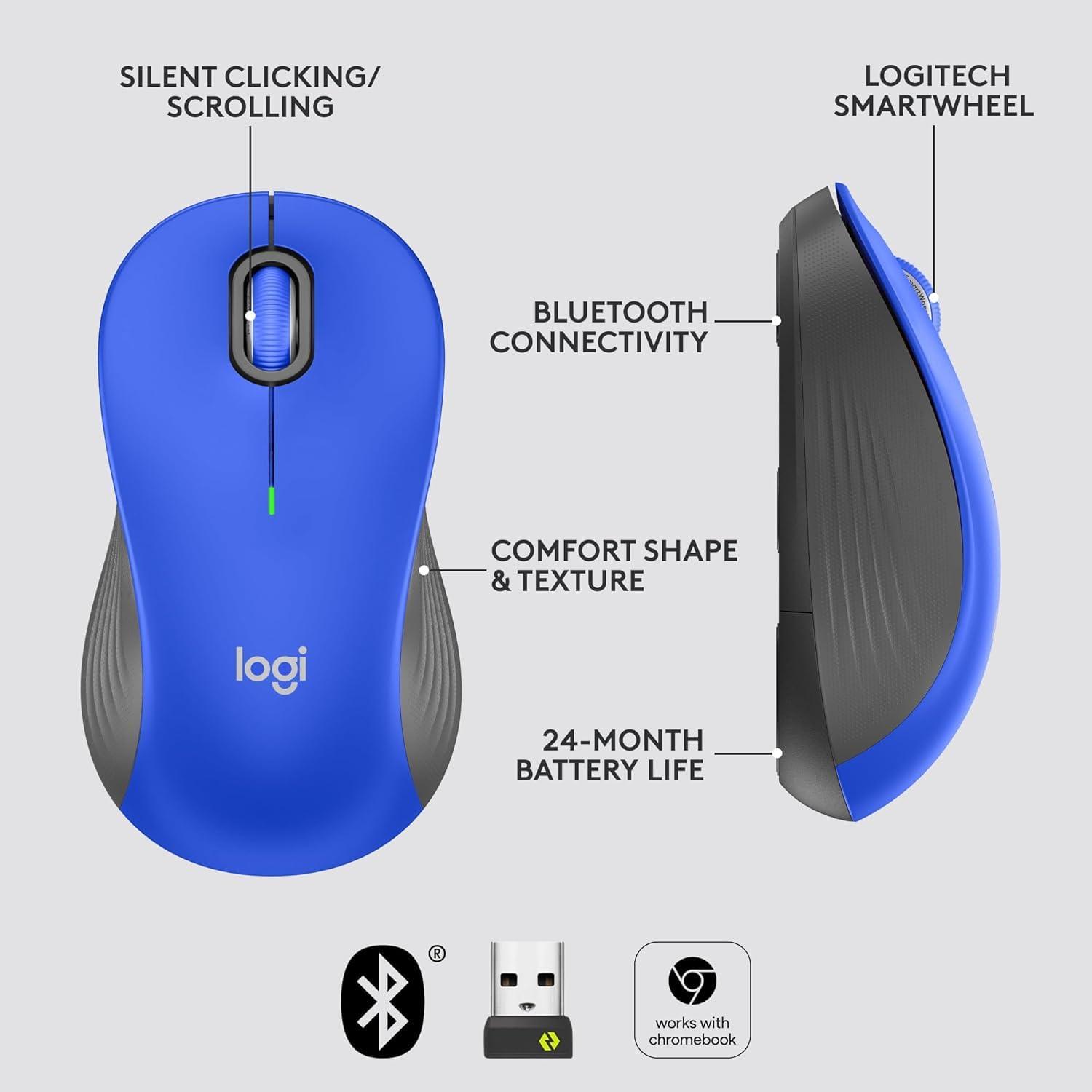 Logitech - Signature M550 L Full Size Bluetooth Ambidextrous Mouse with Silent Clicks - Wireless - Blue (Renewed) - Image 5