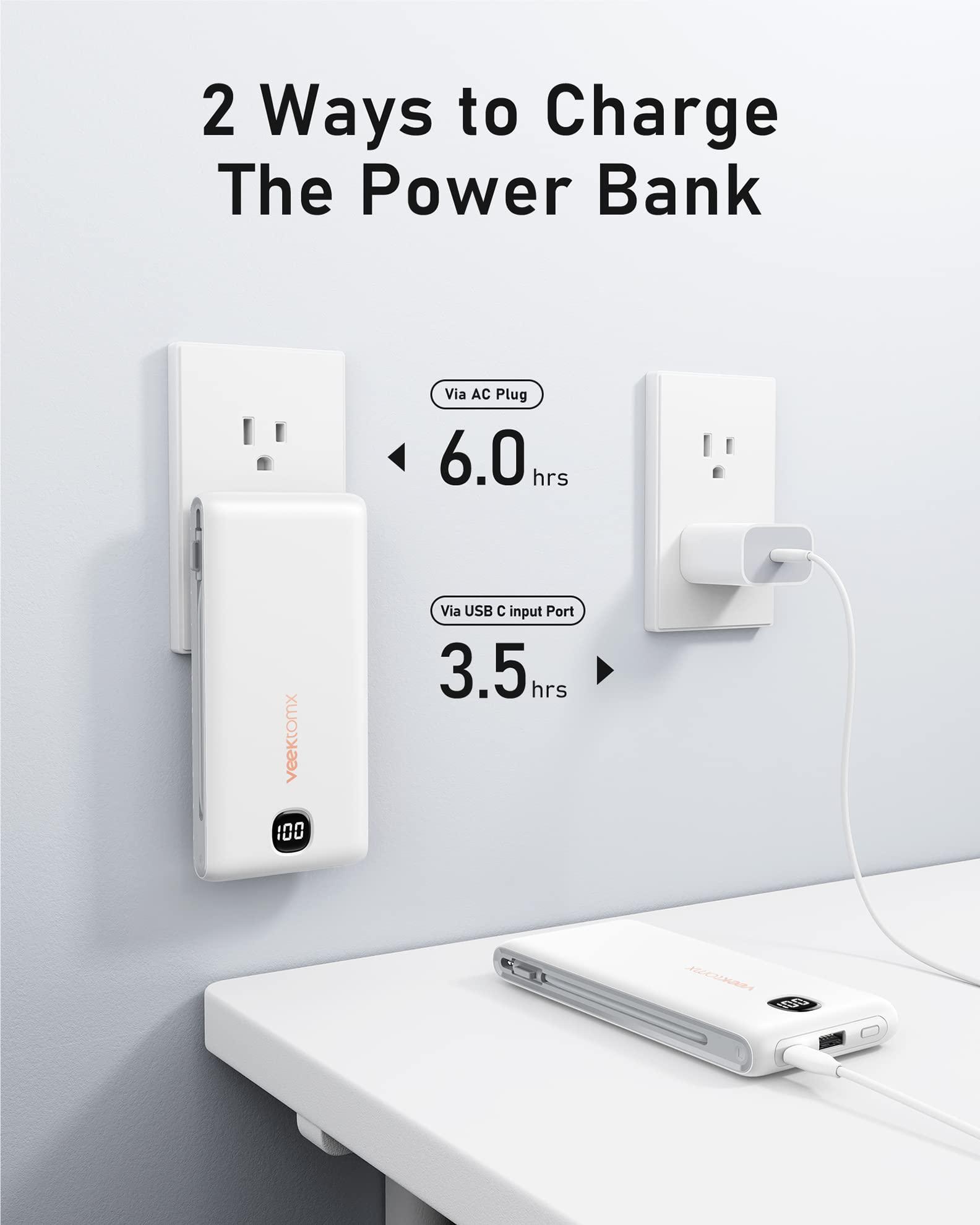 VEEKTOMX Portable Charger with Built in Cables 10000mAh, Power Bank for iPhone with Wall Plug, Travel Essential Fast Charging USB C Slim External Battery Pack for iPhone16/15/14, Samsung, iPad, etc - Image 4