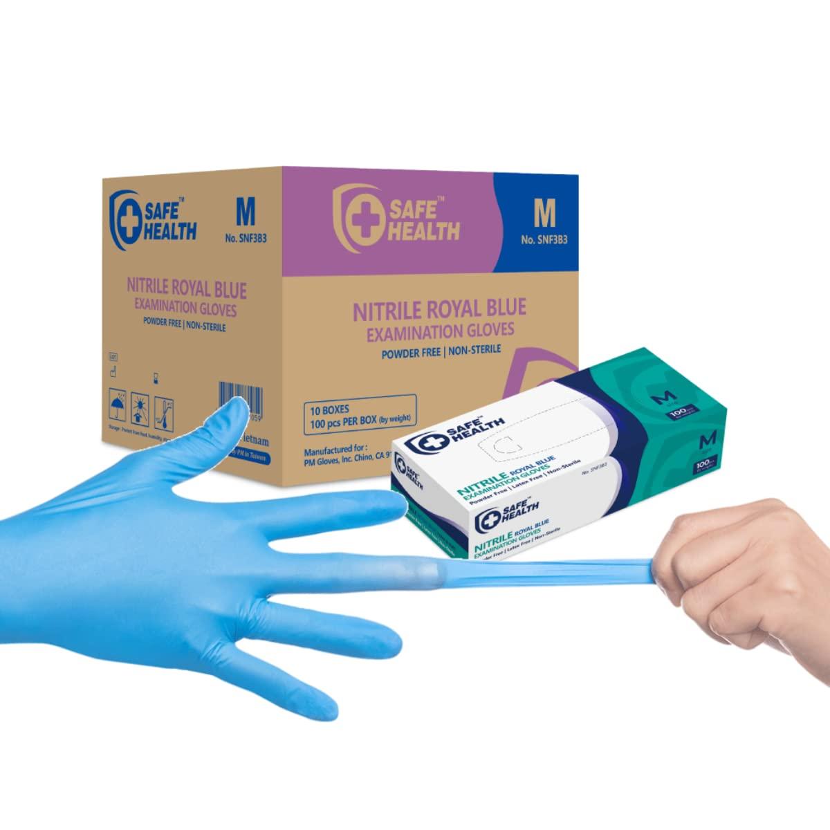 Safe Health Nitrile Exam Disposable Gloves, Latex Free, Powder Free, Blue, Case of 1000, Medium, Textured, 3.5 mil, Medical Grade, Food, Tattoo, Nursing, Cleaning, School