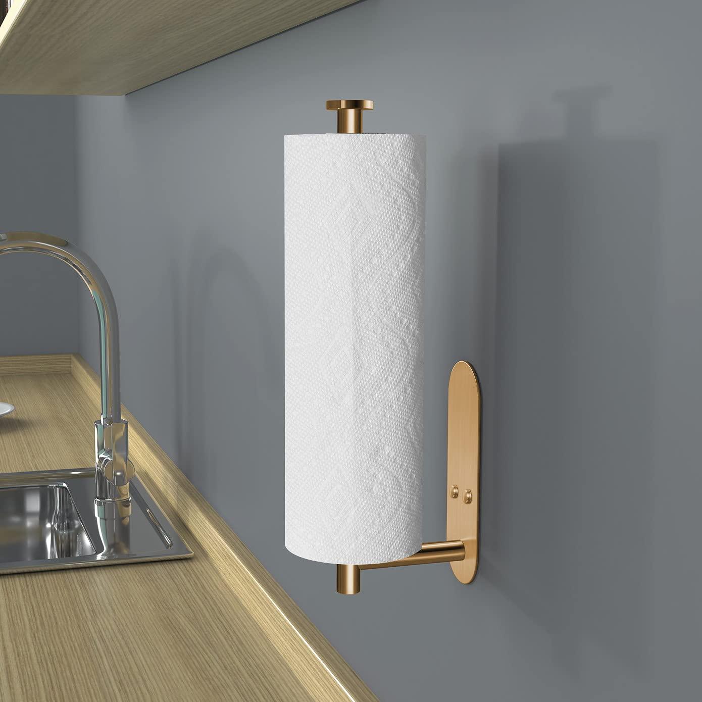 VAEHOLD Self Adhesive Paper Towel Holder Under Cabinet Mount, Wall Mounted Paper Towel Roll Holder for Kitchen, Bathroom, Wall - SUS304 Stainless Steel (Gold) - Image 7