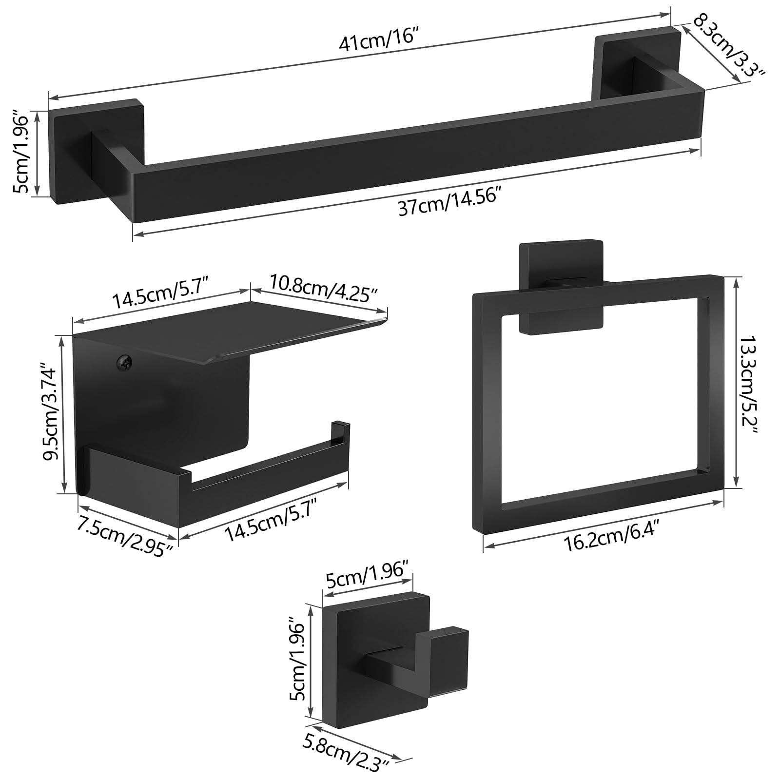 STWWO Matte Black Bathroom Accessories Hardware Set 5-Piece, Stainless Steel Towel Racks for Bathroom, 16 Inch Bath Towel Bar Set Wall Mounted - Image 7