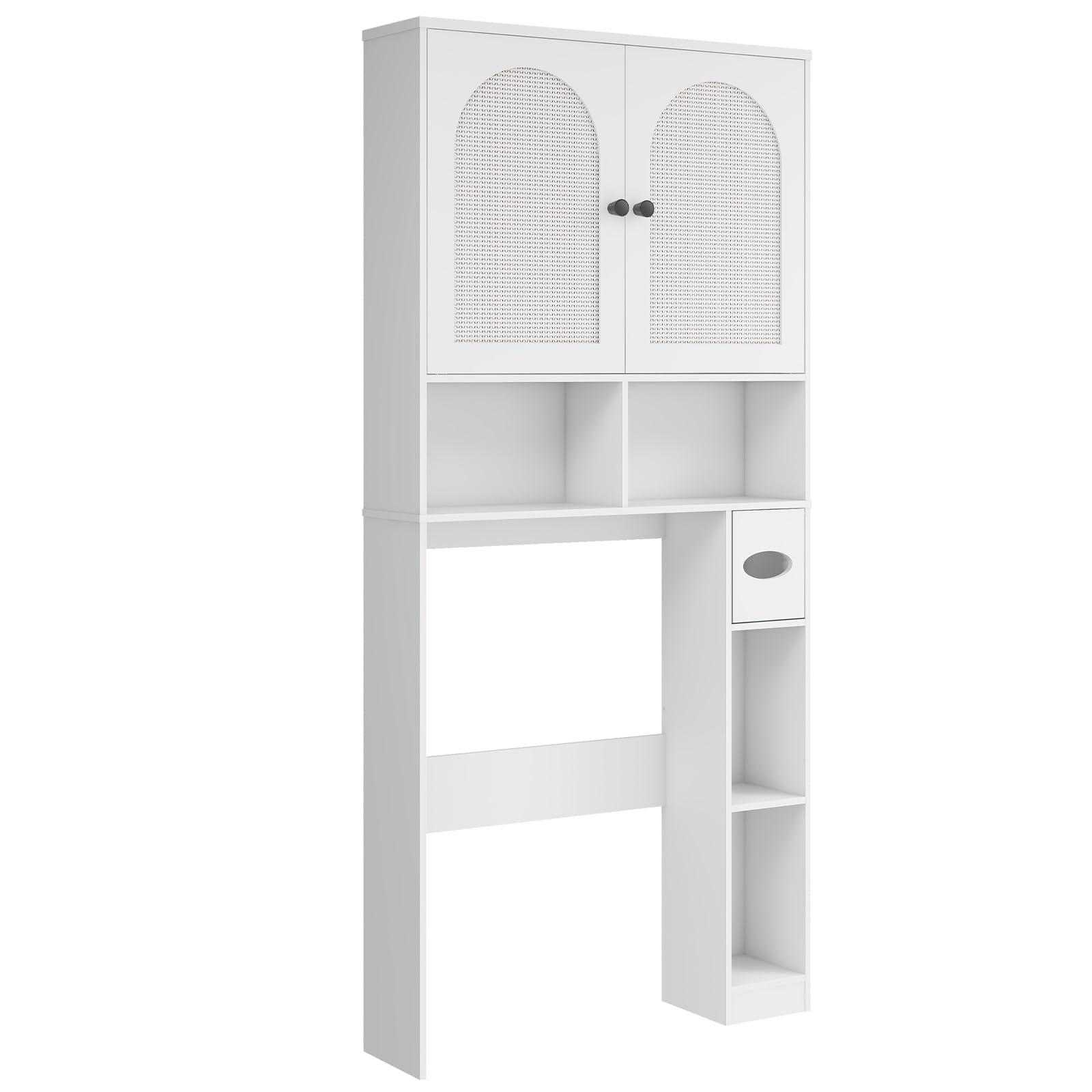 Vabches Over The Toilet Storage Cabinet, Rattan Storage Cabinet Over Toilet with 2 Doors & Toilet Paper Holder Stand, Freestanding Toilet Shelf Space Save with Anti-Tip Design Adjustable Shelf, White - Image 8