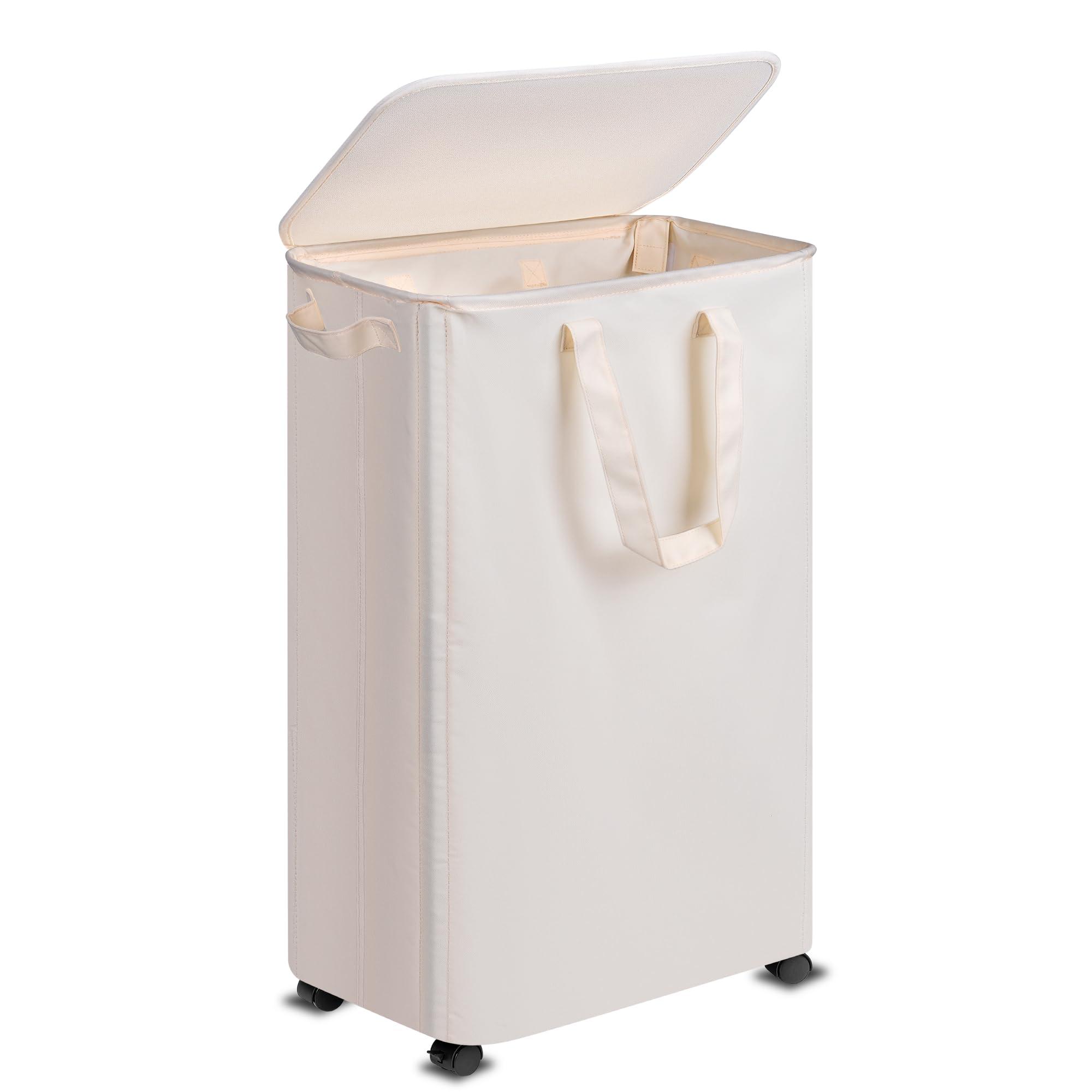 Vincona Slim Laundry Hamper with Lid and Wheels, Small Rolling Laundry Basket with Handle for Small Spaces, Tall Dirty Clothes Hampers for Dorm, Bathroom and Bedroom, 75L, Beige