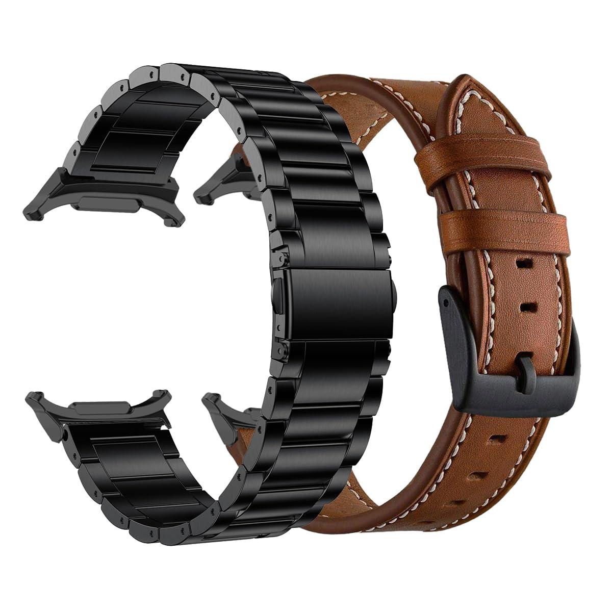 YEEJOK Compatible for Samsung Galaxy Watch Ultra 47mm Bands, Stainless Steel Metal+Leather Watch Straps Replacement for Men Women Smartwatch Accessory