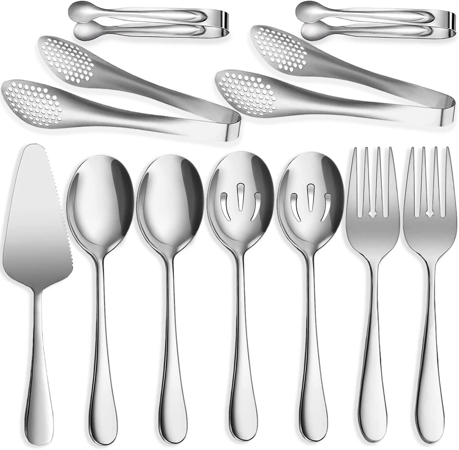 IAXSEE 11 PCS Serving Utensils, Large Stainless Steel Spoons Forks Tongs, Pie Server, Great for Hostess Buffet Catering Banquet Party, Silver