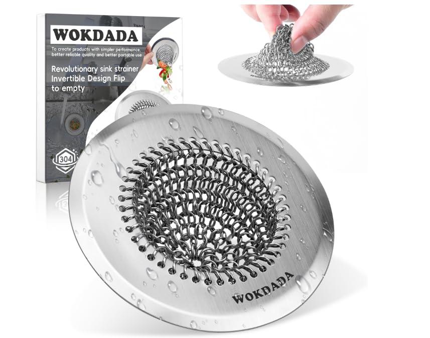 Wokdada Revolutionary Sink Strainer/ Patented Reversible Chain Mesh, Effortless Cleaning & Debris Catcher, Large Capacity, No Clog, 304 Stainless Steel & Rust-Proof