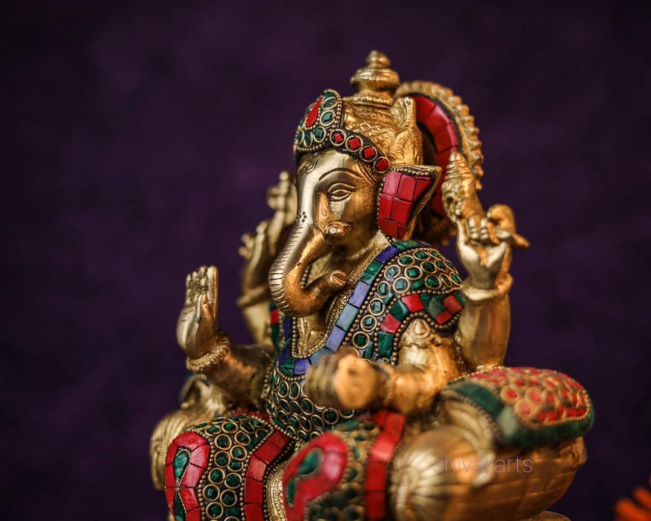 SHIVAJIARTS Brass Ganesh Statue, 25CM Big Size Inlay Work Ganesha Idol, Hindu Deity of God Luck, Vinayak Ganpati, Lord of Wisdom, Brass Sculpture Figurine - Image 2