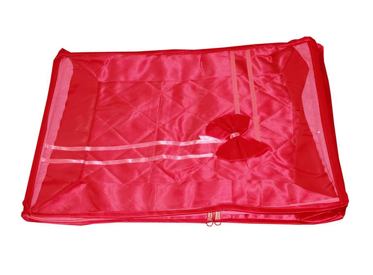 atorakushon Fabric Satin Saree and Blouse Covers Garments Clothes Storage Bag Wardrobe Organizers With Double Zip Lock & Transparent Window Set of 5 Maroon - Image 5