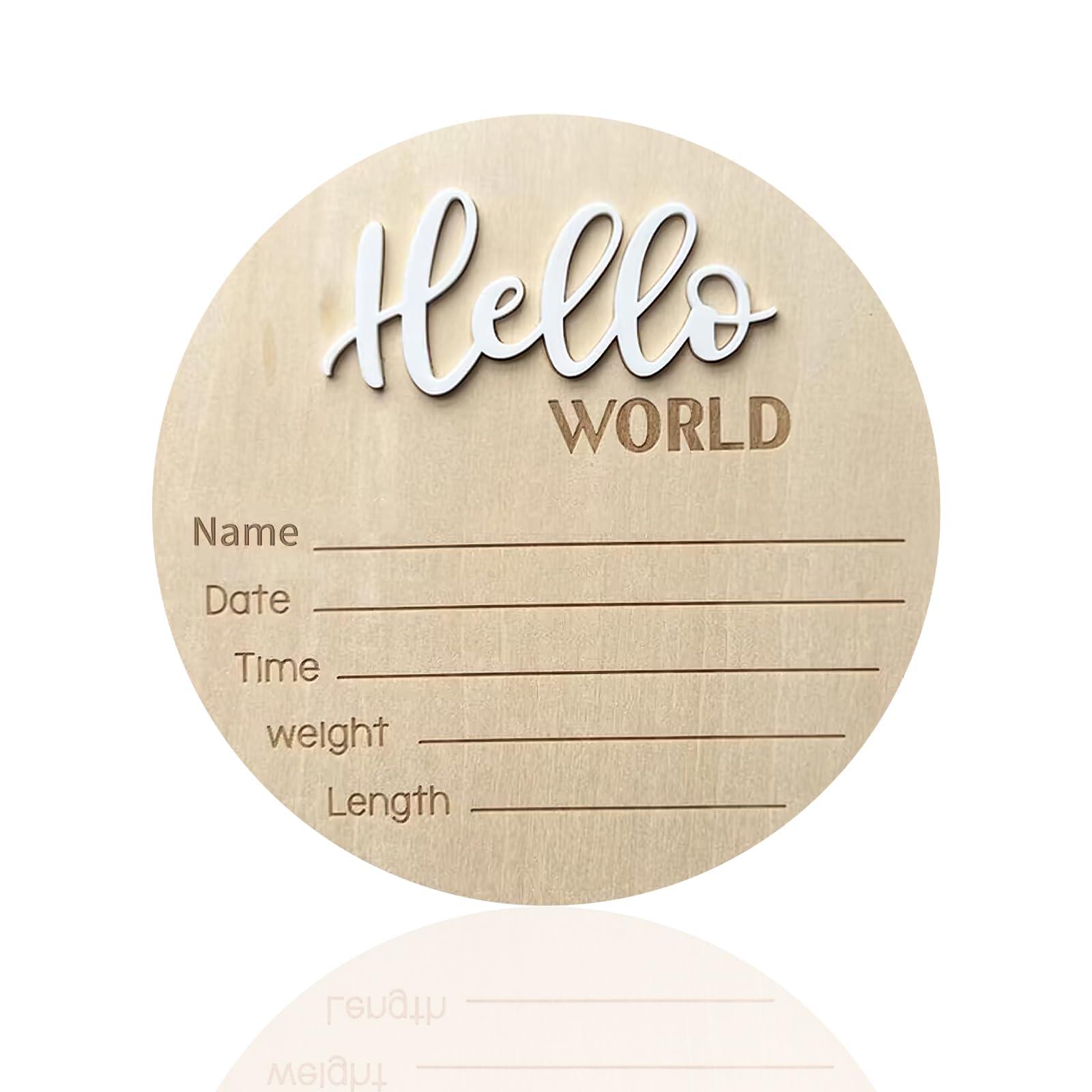 Baby Announcement Sign, ​5.9 Inch Wooden Hello World Newborn Signs, Birth Announcement Sign, Baby Shower Hospital Nursery for Newborn Boys and Girls (White)
