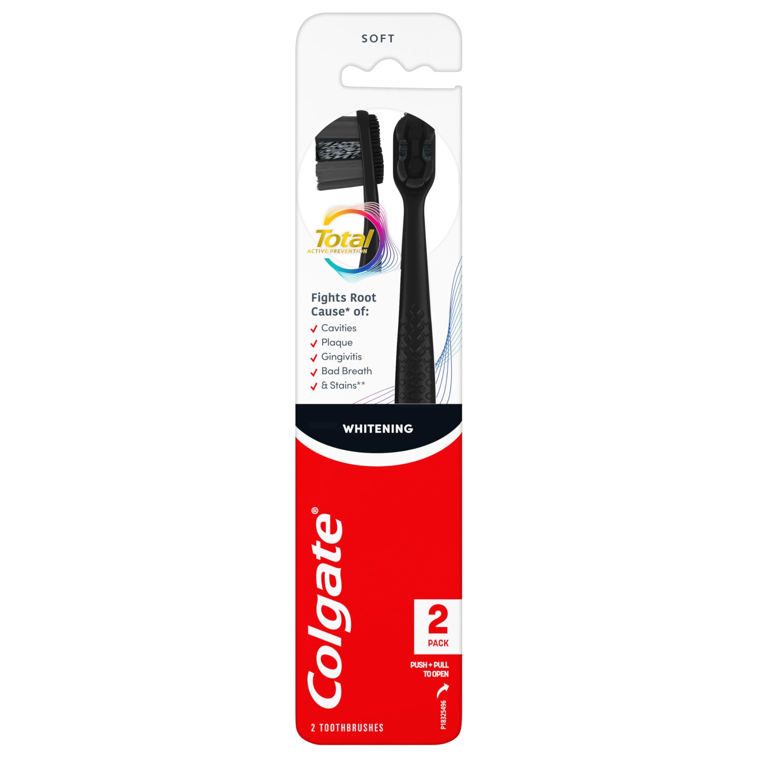 Colgate Total Active Prevention Soft Bristle Whitening Toothbrushes, Soft Toothbrush with Charcoal Infused Bristles, Helps Whiten and Reaches Deeper Along The Gumline and Between Teeth, Black, 2 Pack