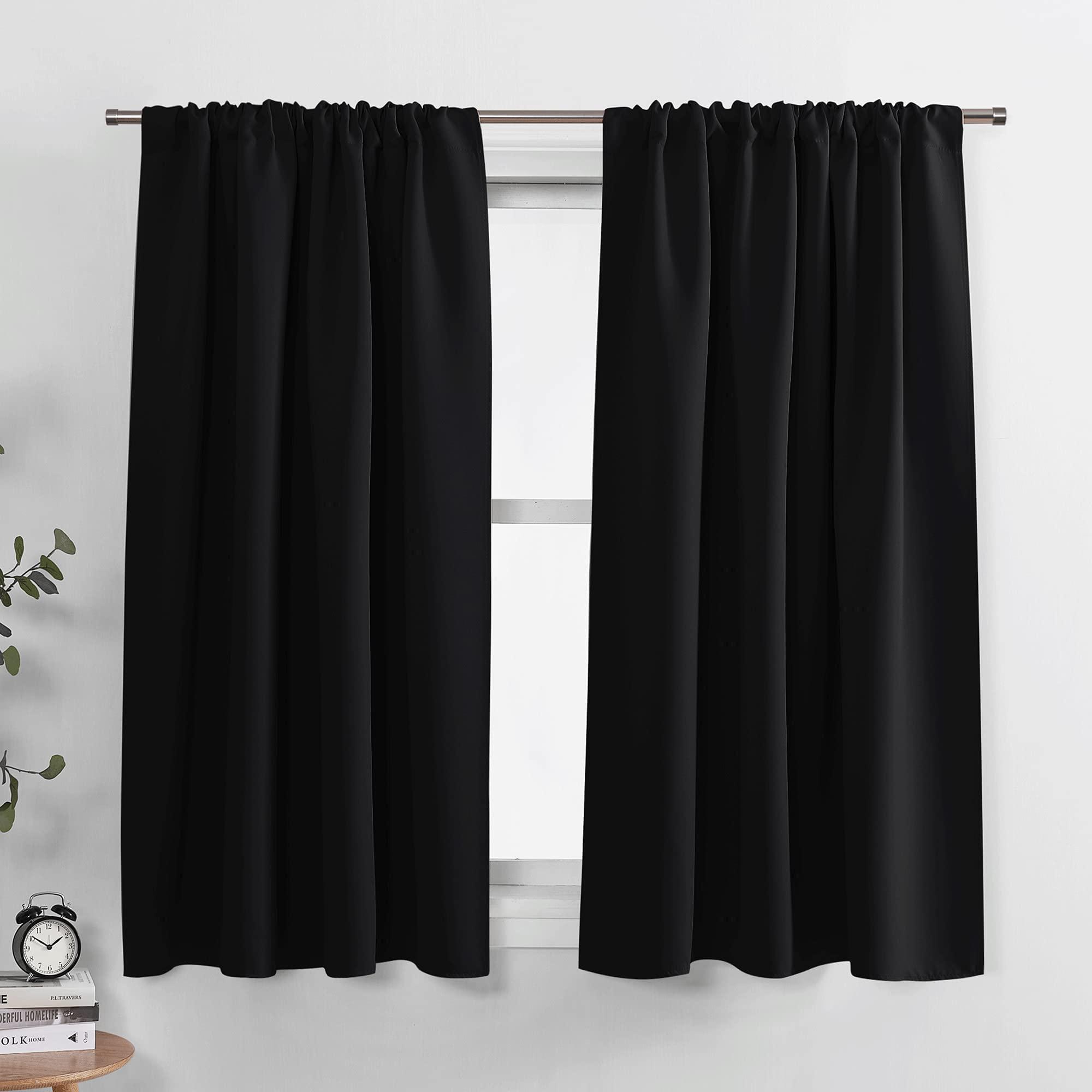 PONY DANCE Short Blackout Curtains for Kitchen Over Sink 45 inch Long, Thermal Insulated Black Out Curtain for Bedroom, Rod Pocket Drapes for Bathroom Small Window(2 Panels Set, Black, 42 inches Wide)