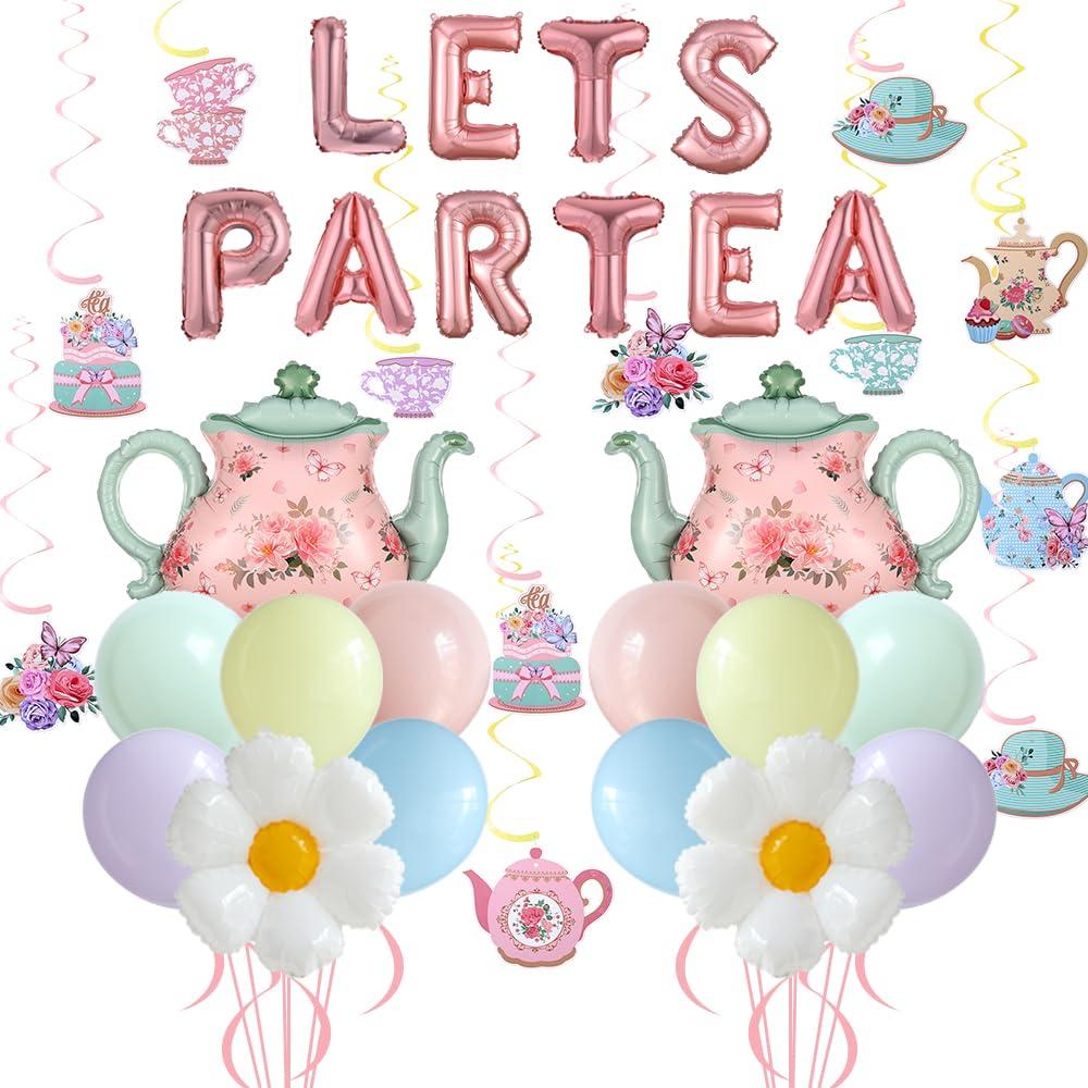 Tea Party Decorations 26Pcs Macaron Balloons with LETS PARTEA Foil Balloon Banner, Teacups andTeapot Hanging Swirls for Floral Spring Birthday Mother's Day Talking Tables Tea Party Supplies