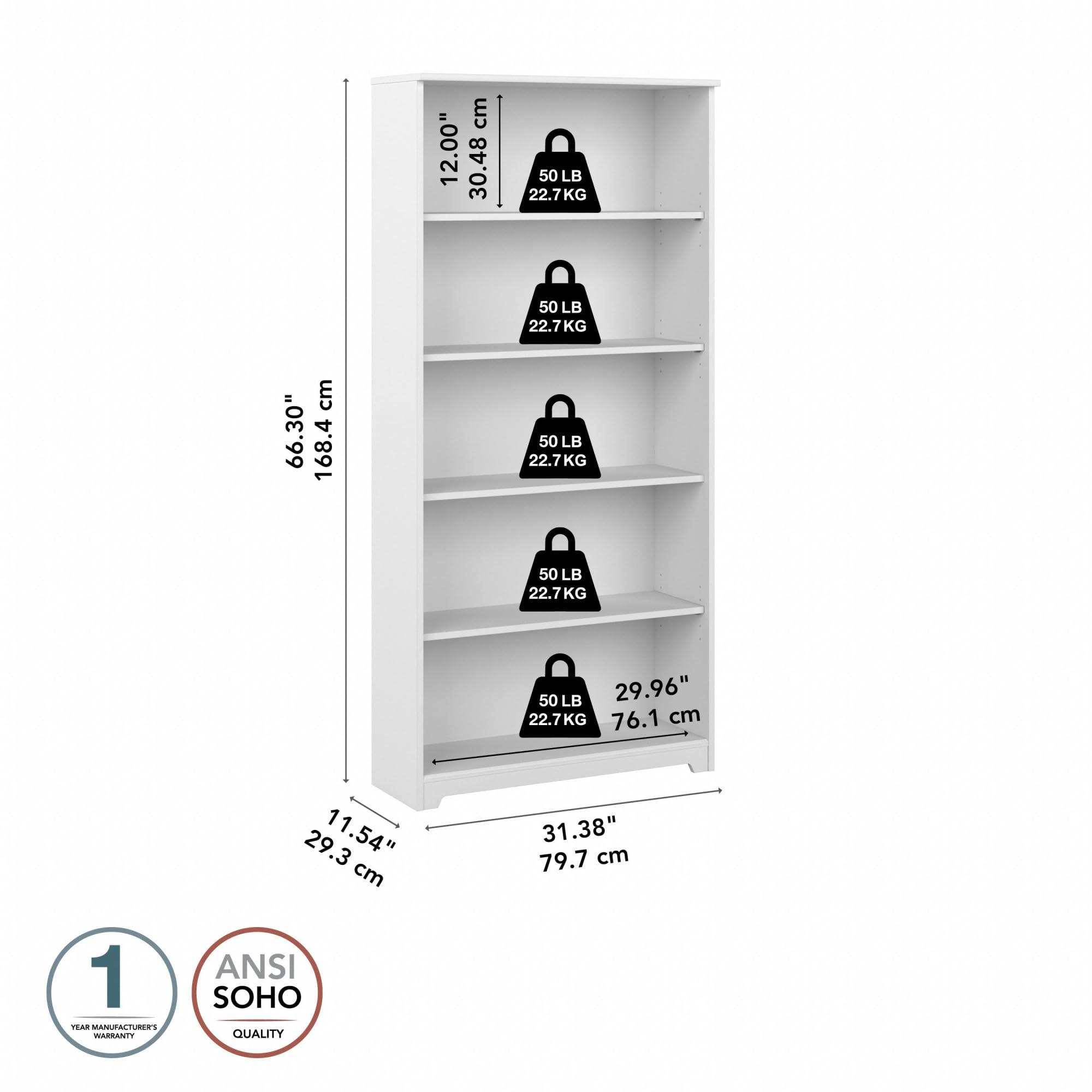Bush Furniture Tall 5 Shelf Bookcase, Large Open Bookshelf, Sturdy Display Cabinet for Living Room or Home Office, Cabot Collection, White - Image 3