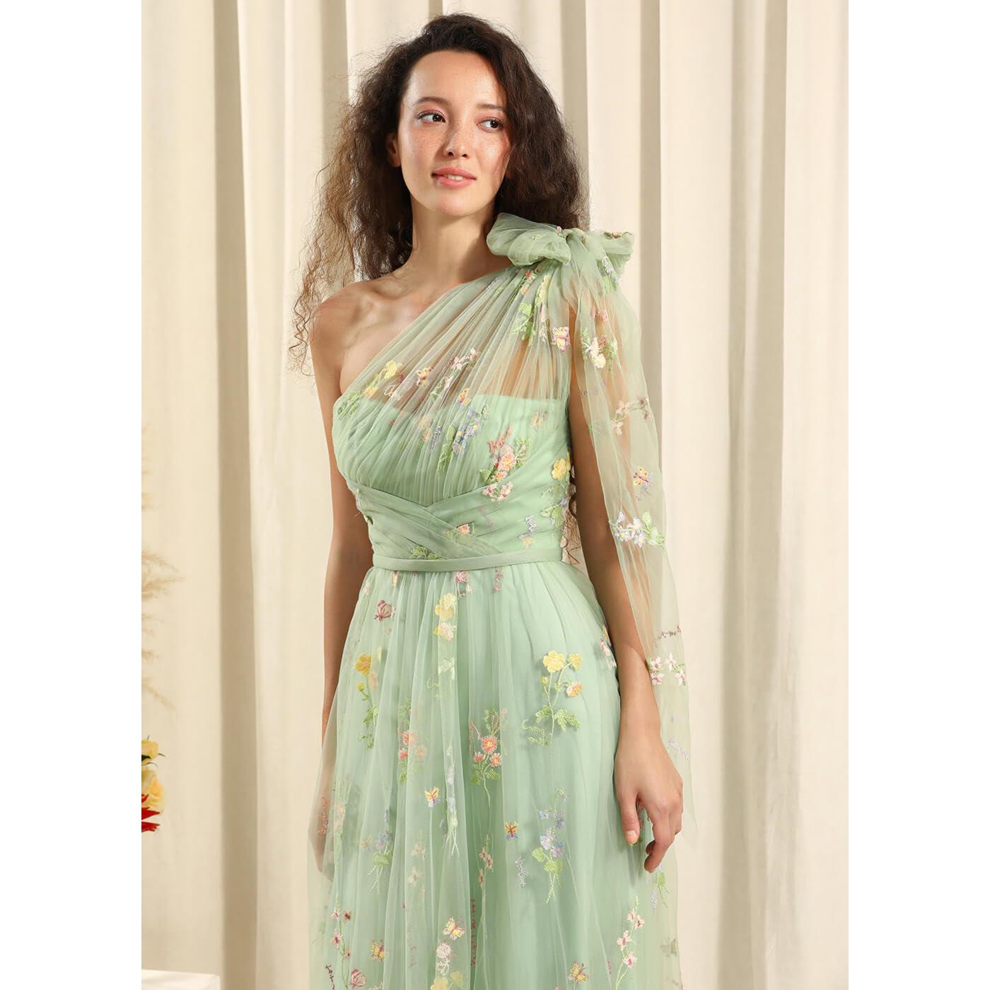 Floral Embroidery Prom Dresses with Pleats Long One Shoulder Spring Tulle Formal Party Dress for Women - Image 4