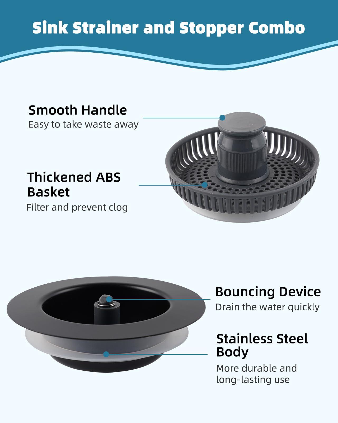 Hygie Rinse 3 in 1 Kitchen Sink Drain Strainer Stopper Combo, Matteblack Stainless Steel Shell Pop Up Sink Stopper for US Standard 3-1/2 inch Drain Filter, Anti-clog and Easy Clean - Image 6
