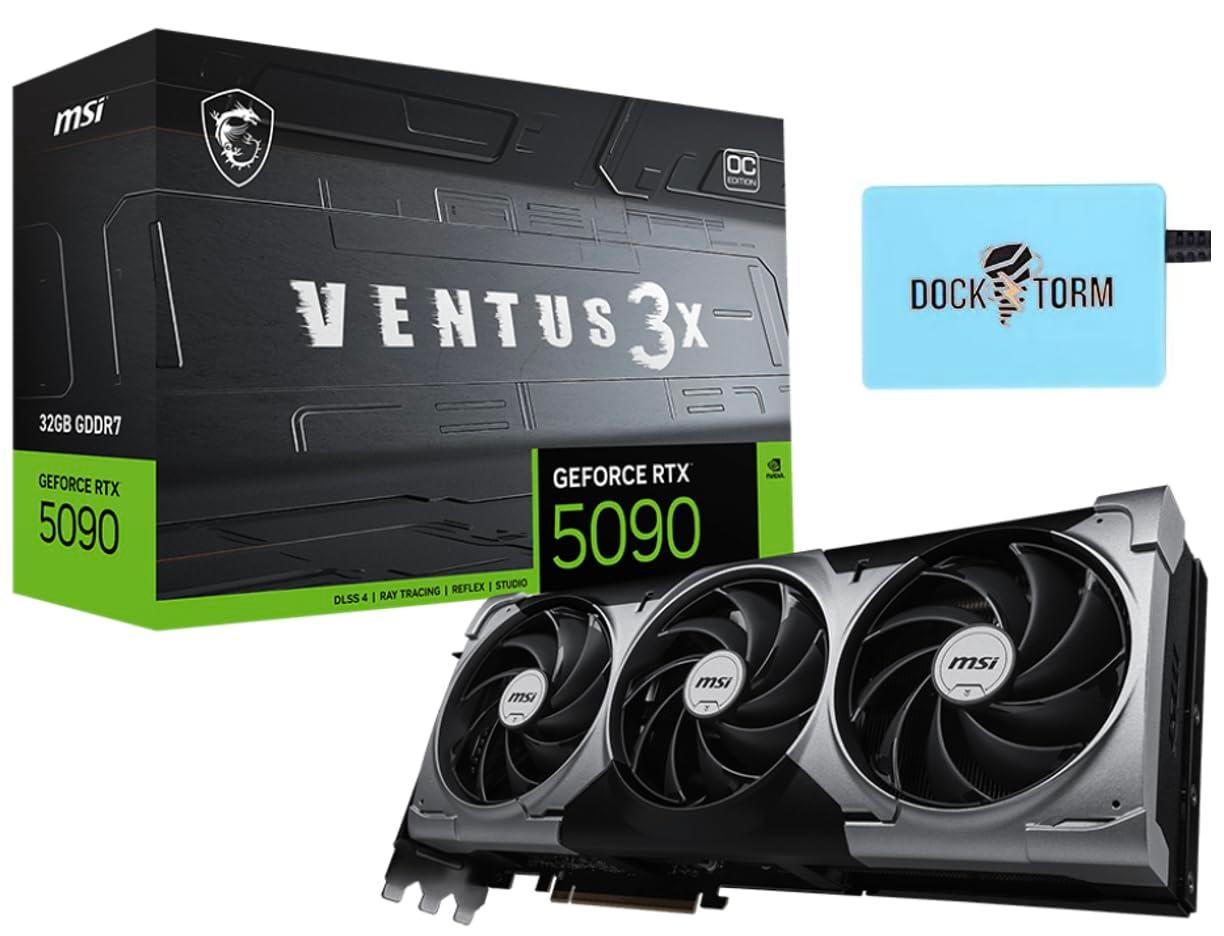 MSI Ventus 3X FeForce RTX 5090 OC Edition 32 GB GDDR7, PCI Express Gen 5, Core Clocks Extreme: 2452 MHz, CUDA CORES 21760 Units, Memory Speed 28 Gbps, Bundle with Dockztorm Hub