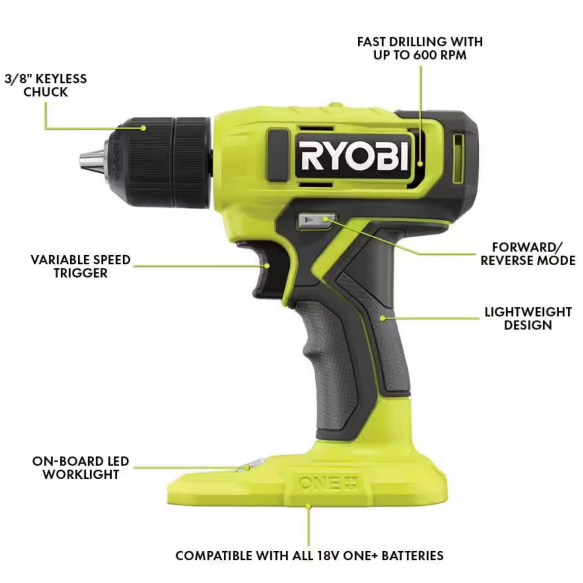 Cordless Drill Set Bundle with Ryobi 18V ONE+ Drill Driver, 3/8 Inch Chuck, 40 Piece Bit Set, 1.5 Ah 18-Volt Lithium-ion Battery, 18-Volt Charger and Buho 16 Inch Tool Bag - Image 2