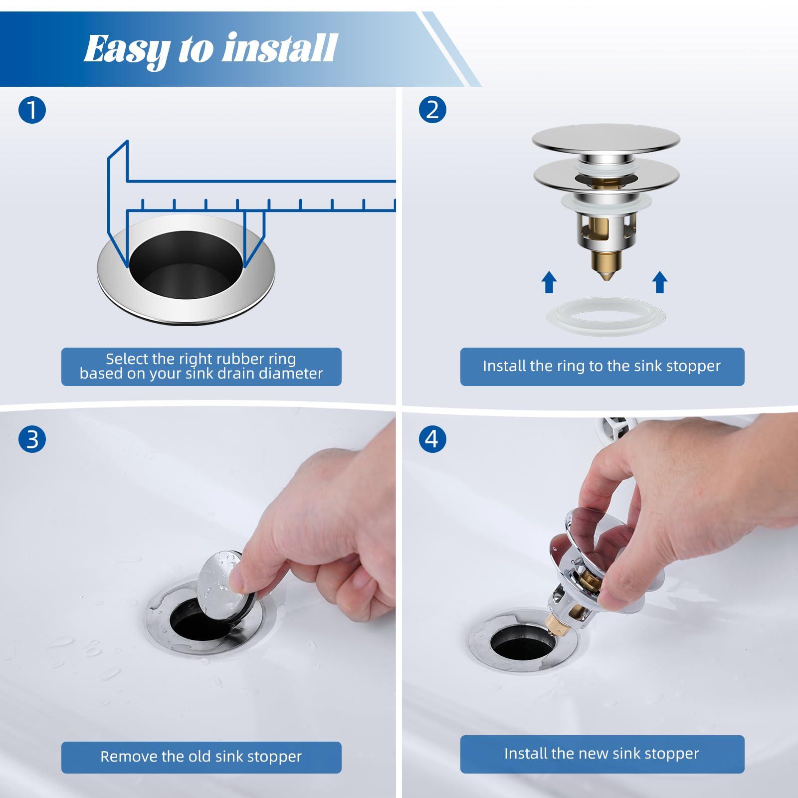 Hibbent All Metal 2 in 1 Bathroom Sink Stopper, Universal Pop Up Drain Strainer, Brass Bullet Core Push Type Sink Stopper for 1.1''~2.3'' Basin, Big Push Button, Anti Clogging Drain Filter, Chrome - Image 8