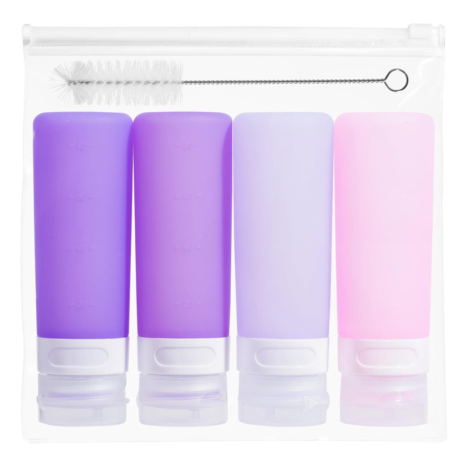 MICEBAY Condiment Squeeze Bottles for Sauces, 3-oz Mini Silicone Salad Dressing Container to Go with Snack Storage Bag, Leakproof Sauce Bottles for Lunch Box, 4 Pack, Purple