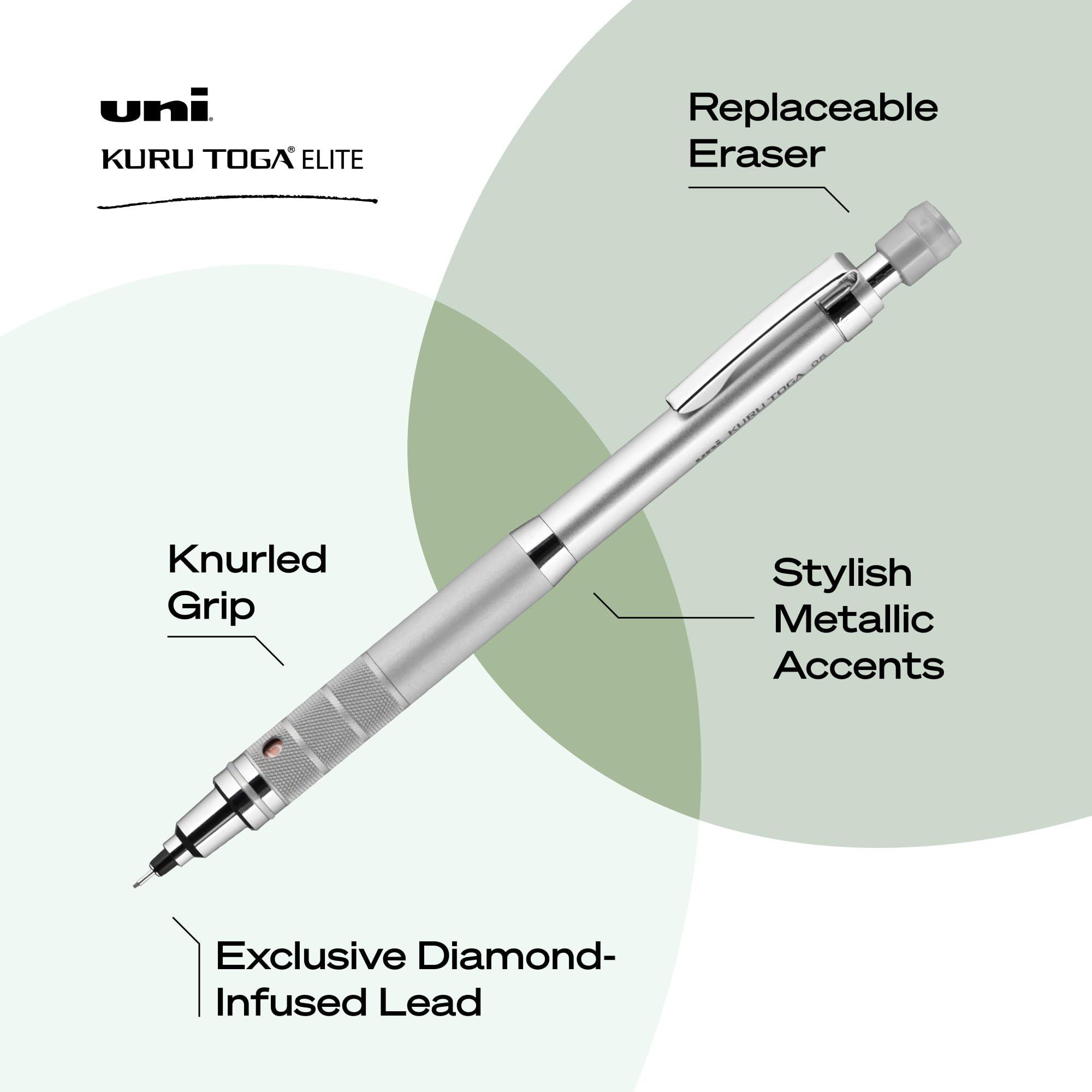Uniball Kuru Toga Elite Mechanical Pencil Starter Kit with Silver Barrel and 0.5mm Tip; 60 Lead Refills; and 5 Pencil Eraser Refills; HB #2; Office Supplies; School Supplies; Drafting - Image 3