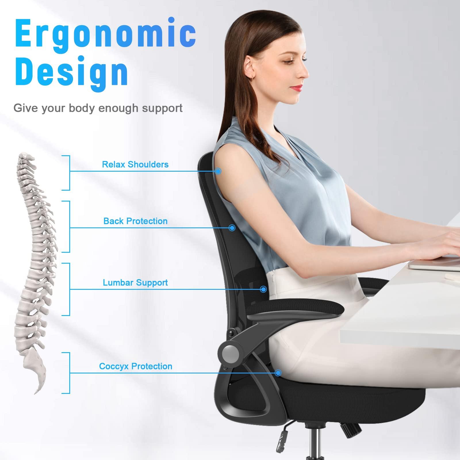 naspaluro Ergonomic Office Chair, Mid Back Desk Chairs with Adjustable Height, Swivel Chair with Flip-Up Arms and Lumbar Support, Breathable Mesh Computer Chair for Home/Study/Working, Dark Black - Image 6