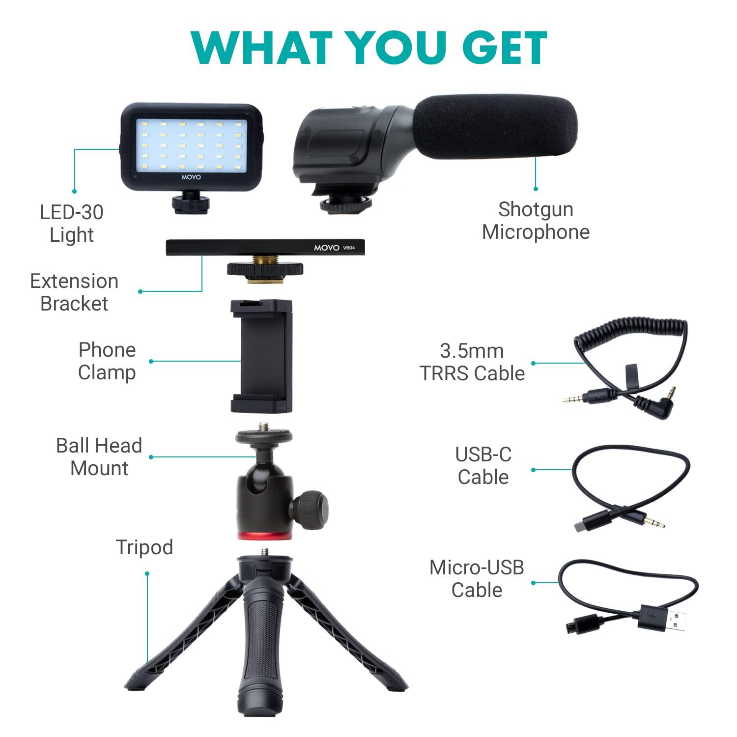 Movo uVlogger- Android/USB-C Compatible Vlogging Kit Smartphone Video Kit Accessories: Tripod, Mount, LED Light and Cellphone Shotgun Microphone for Video Recording for YouTube, Vlog - Image 2