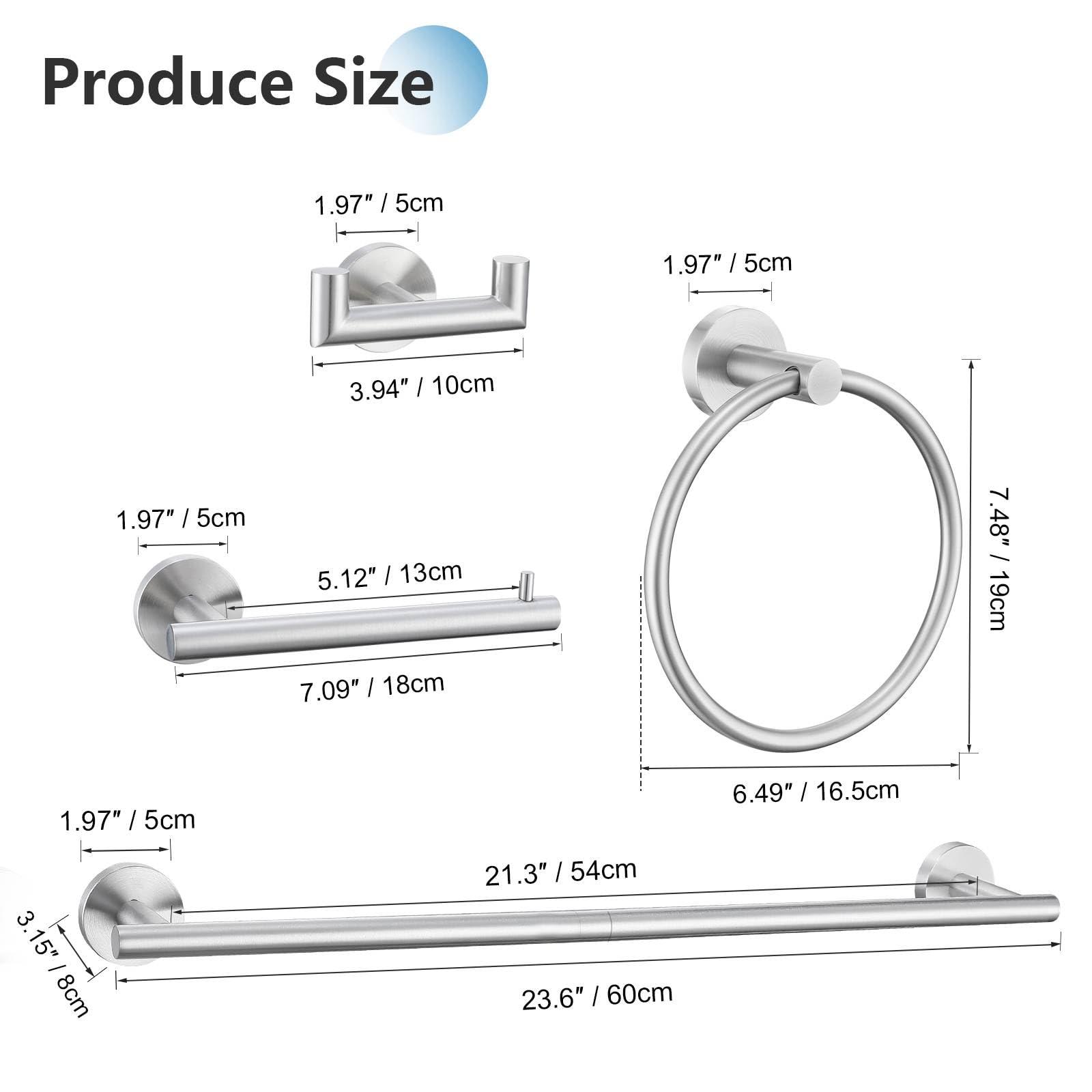 TNOMS Brushed Nickel 5 Pieces Towel Bar Set Bathroom Hardware Set Upgraded Towel Hooks,Towel Holder Set for Bathroom Stainless Steel Wall Mounted 23.6 Inch - Image 3