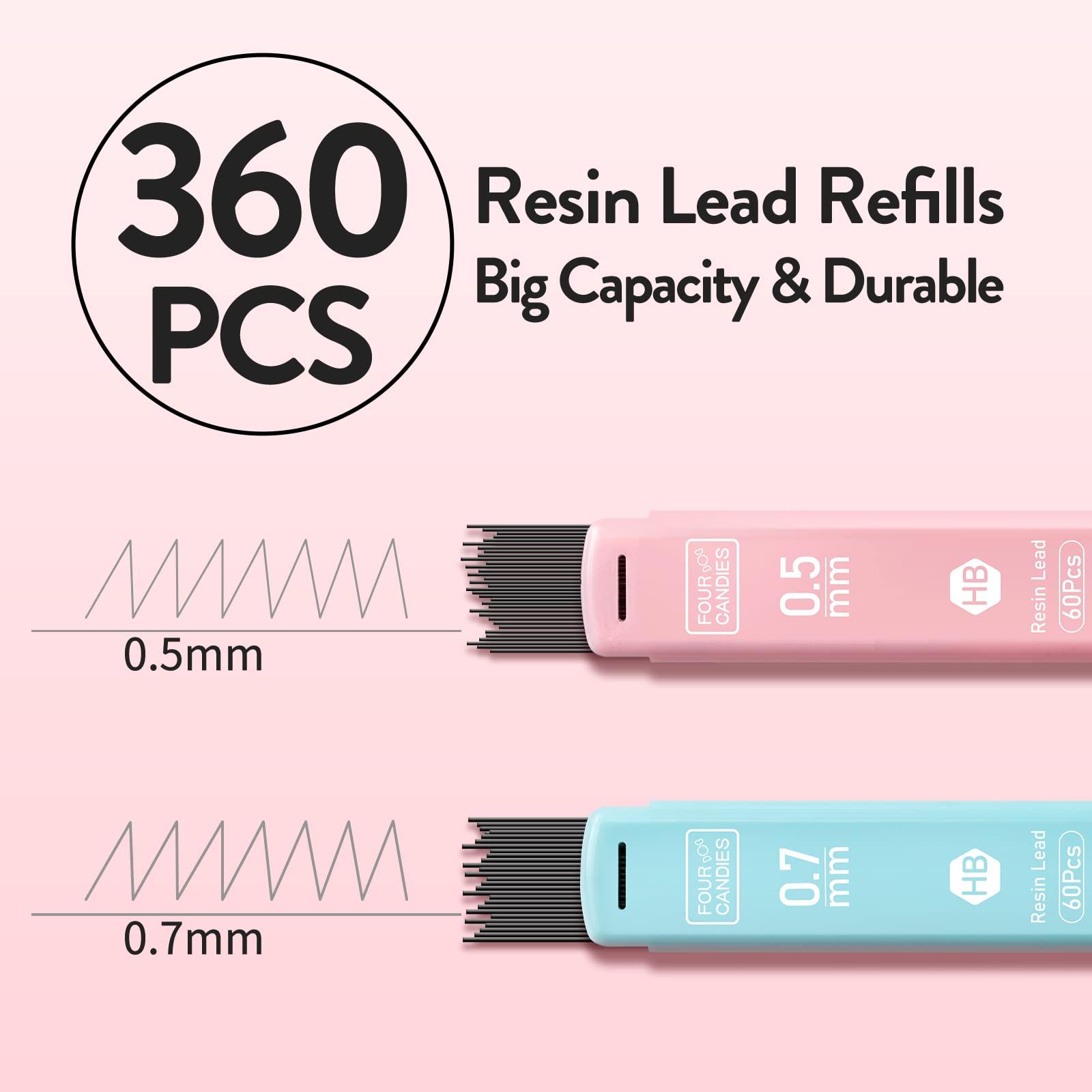 Four Candies Cute Mechanical Pencil Set, 6PCS 0.5 & 0.7mm Pencils with 360PCS HB Leads, 3PCS Erasers and 9PCS Eraser Refills, Aesthetic Back to School Supplies for Girls Writing, Drawing - Image 3