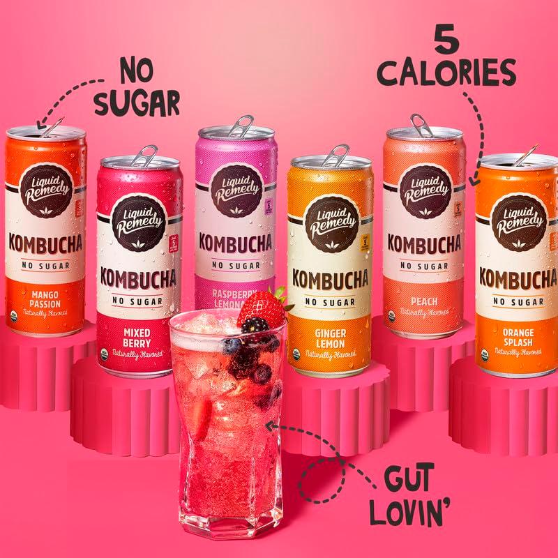Liquid Remedy Kombucha Sugar Free Organic Drink, Low Calorie, Probiotic Like Tea for Gut Health - Super Sampler Variety Pack - 8.5 Fl Oz Can, 24-Pack - Image 5