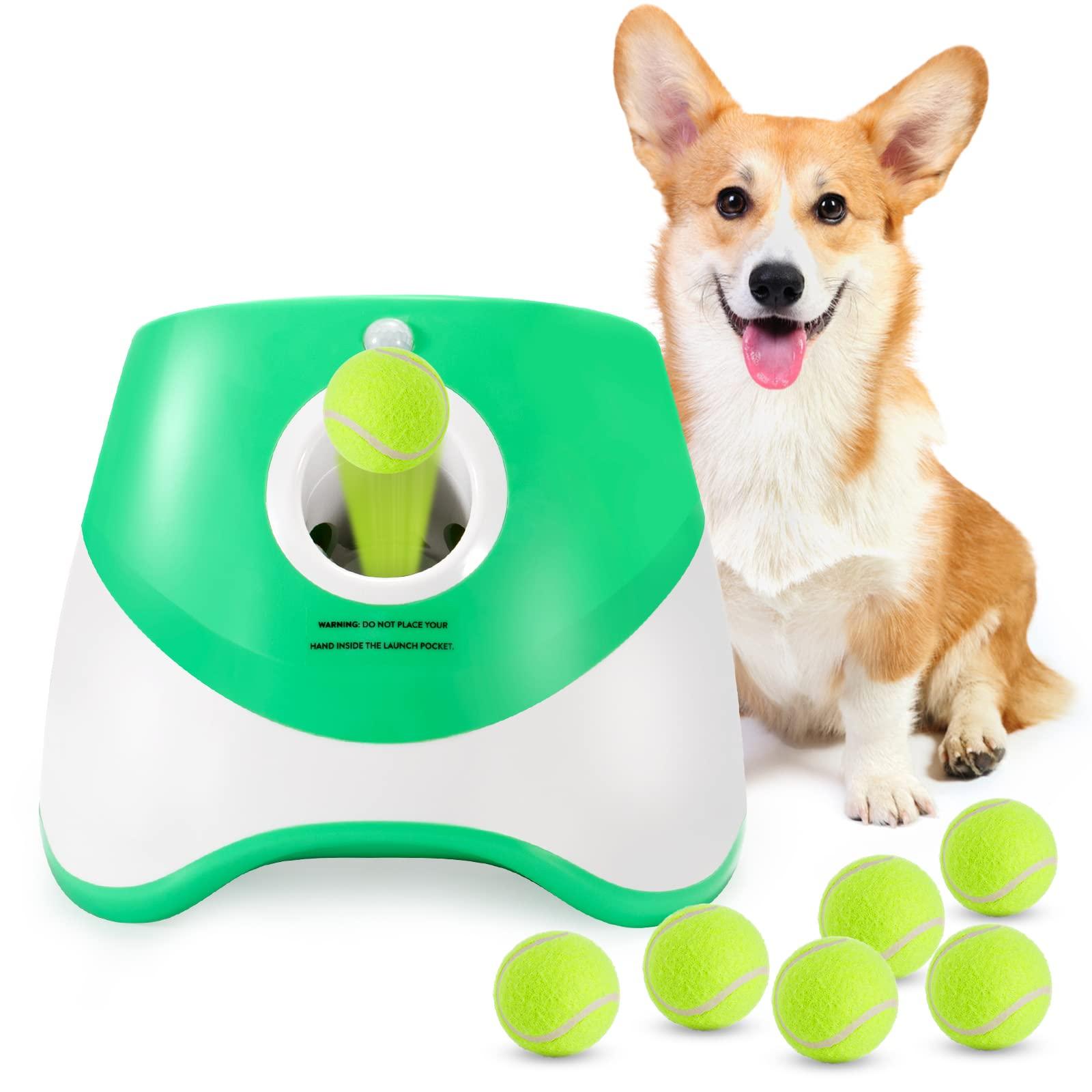 MEKAPLE Dog Ball Thrower Launcher, Automatic Launcher with 6 Mini Tennis Balls, Interactive Dog Toys Indoor Outdoor Ball Thrower Machine for Small Dogs with 3 Distance Settings
