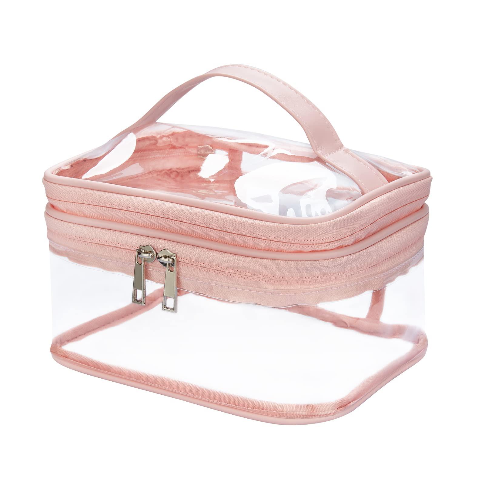 HAOGUAGUA Double Layer Clear Cosmetic Bag Makeup Bag, Waterproof Travel Toiletry Bag, Transparent PVC Hair & Nail Accessories Pouch Beach Bag Organizer (Pink) - Image 5