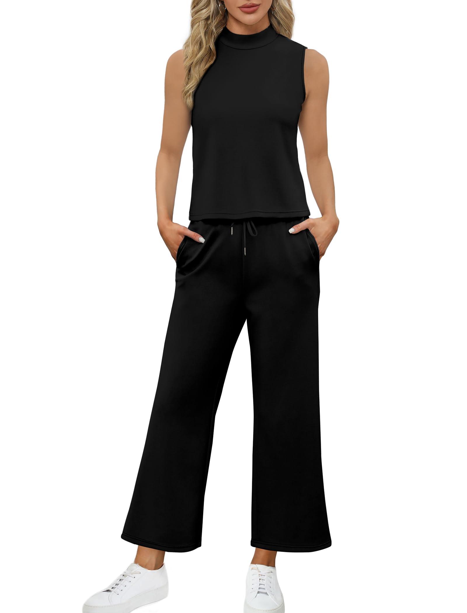 SAMPEEL Two Piece Sets for Women Summer Outfits Lounge Sets Mock Neck Tops Wide Leg Crop Pants Vacation Travel Outfits - Image 3