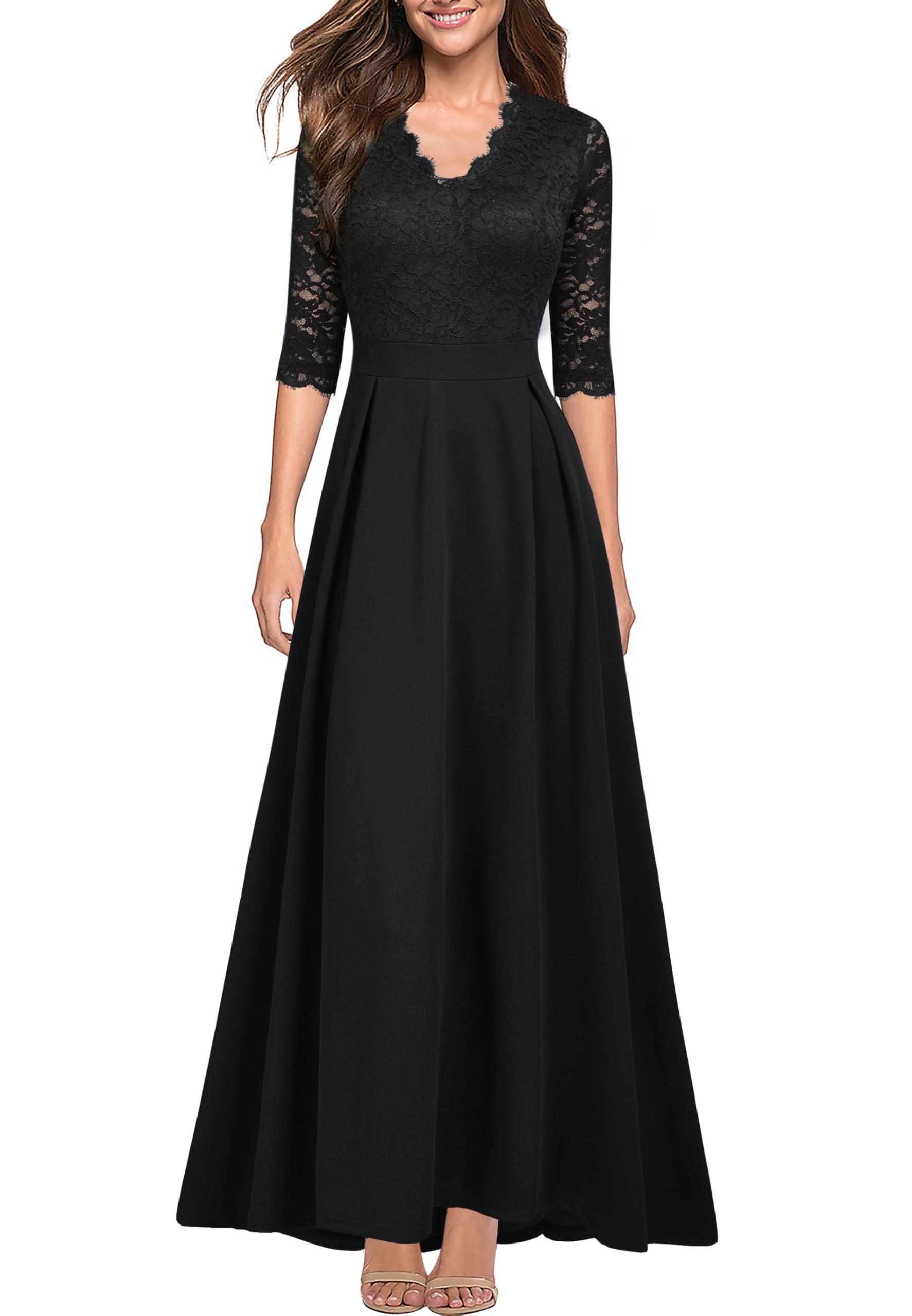 REPHYLLIS Women's V Neck Lace Vintage Formal Bridesmaid Wedding Long Dress