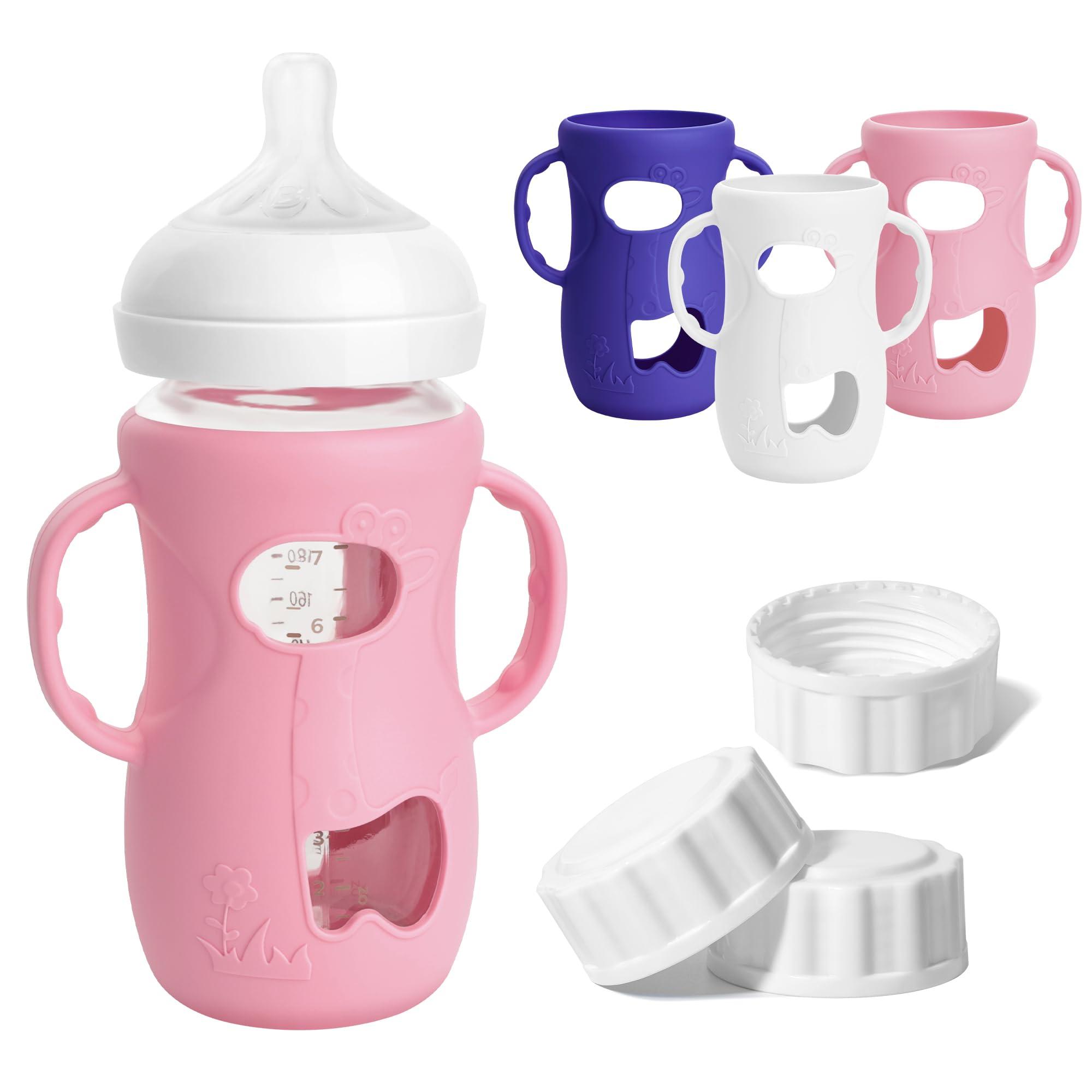 3 Pack Silicone Sleeves for Philips Avent Natural Glass Baby Bottle, Food Grade Silicone Cover and 3pcs Travel Caps, Lids Replacement (White+Pink+Purple, 8oz) - Image 1