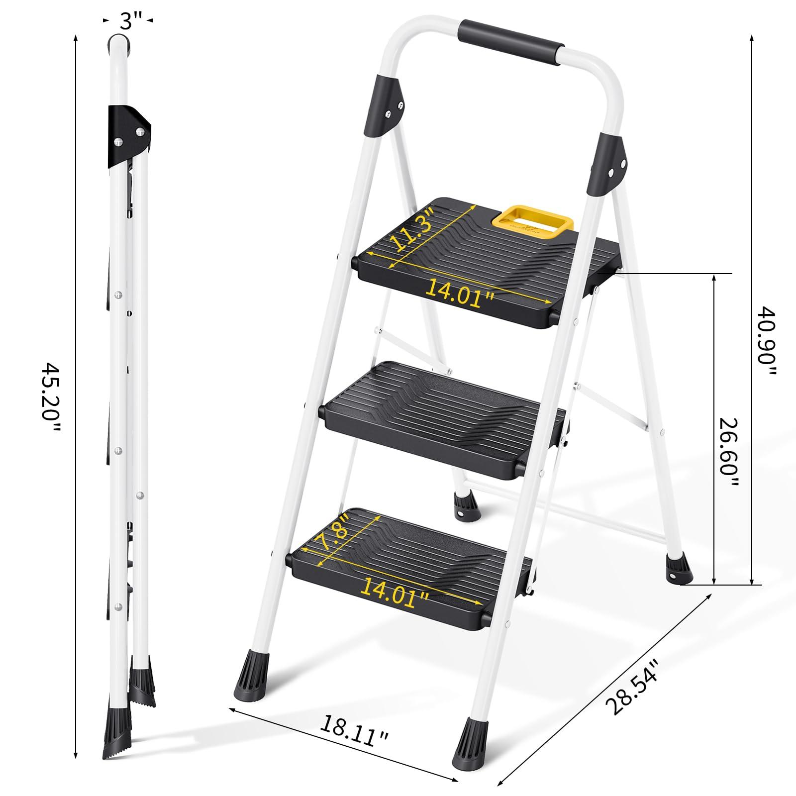 KINGRACK 3 Step Folding Ladder, 800lbs Capacity Step Stool with Safety Lock, Non-Skid Wide Pedals, and Handrail, Lightweight, Household Ladder for Home, Kitchen, Pantry, Closets, and Office Use, White - Image 3