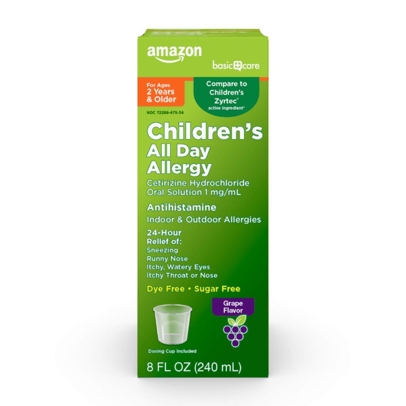 Amazon Basic Care 24 Hour Allergy Relief for Children, Cetirizine Hydrochloride Oral Solution 1 mg/mL, Grape Flavor, Dye Free, 8 fl oz (Pack of 1)