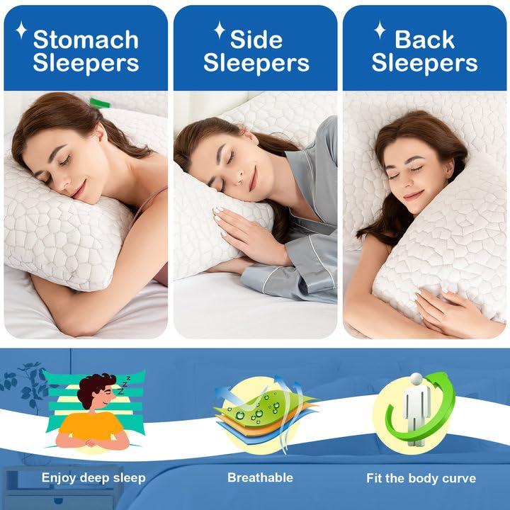 SUPA MODERN Cooling Bed Pillows for Sleeping 2 Pack Shredded Memory Foam Pillows Queen Size Set of 2, Adjustable Cool Pillow for Side Back Stomach Sleepers Luxury firm Gel Pillows for Neck Pain Relief - Image 6