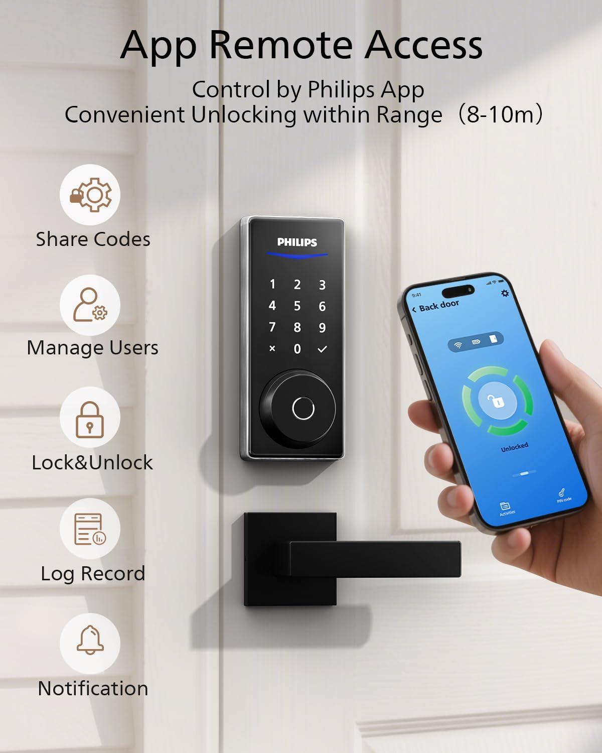 Philips Fingerprint Keyless Entry Door Lock with App Control, Front Door Smart Lock Deadbolt, 9Months Battery, IP53 Waterproof, BHMA Grade 3-Satin Nickel - Image 3