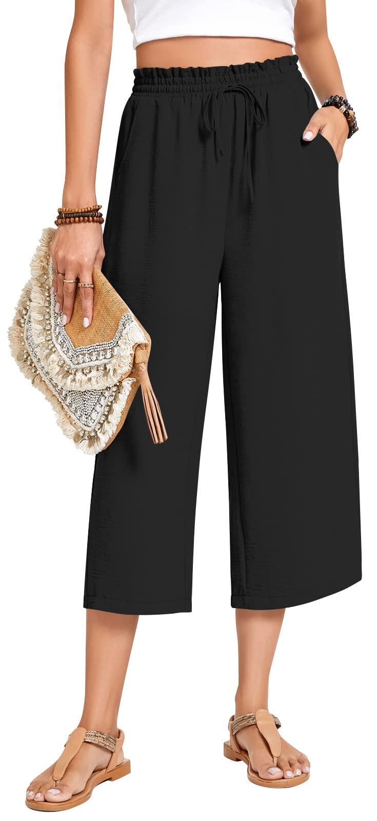 Anyhold Womens Capri Pants Loose High Waisted Wide Leg Lounge Pants Drawstring Casual Palazzo Trousers with Pockets - Image 2