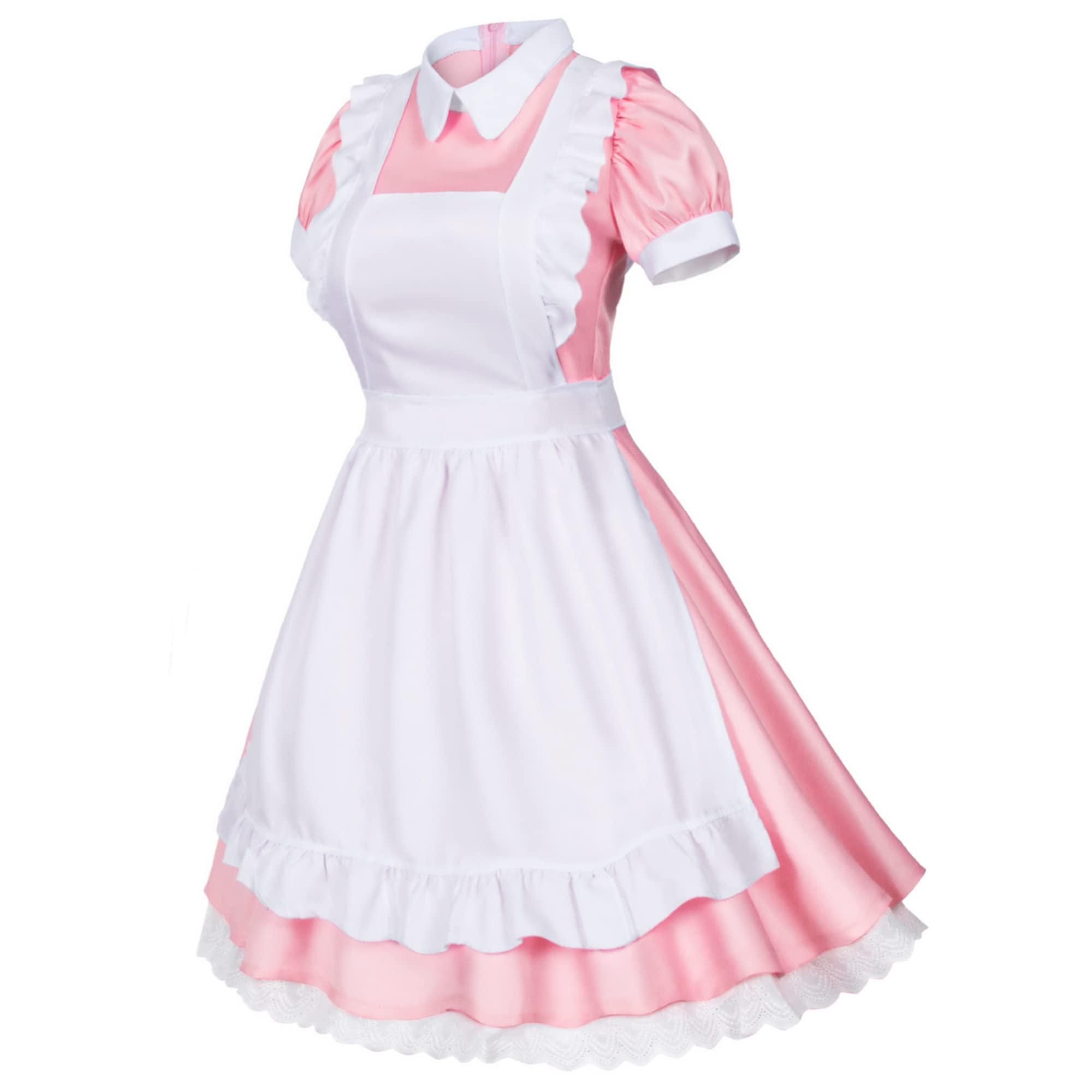 Wannsee Japanese Anime 6Pcs Lolita French Maid Apron Fancy Dress Cosplay Costume Gloves Headwear Socks set(Pink L) - Image 4
