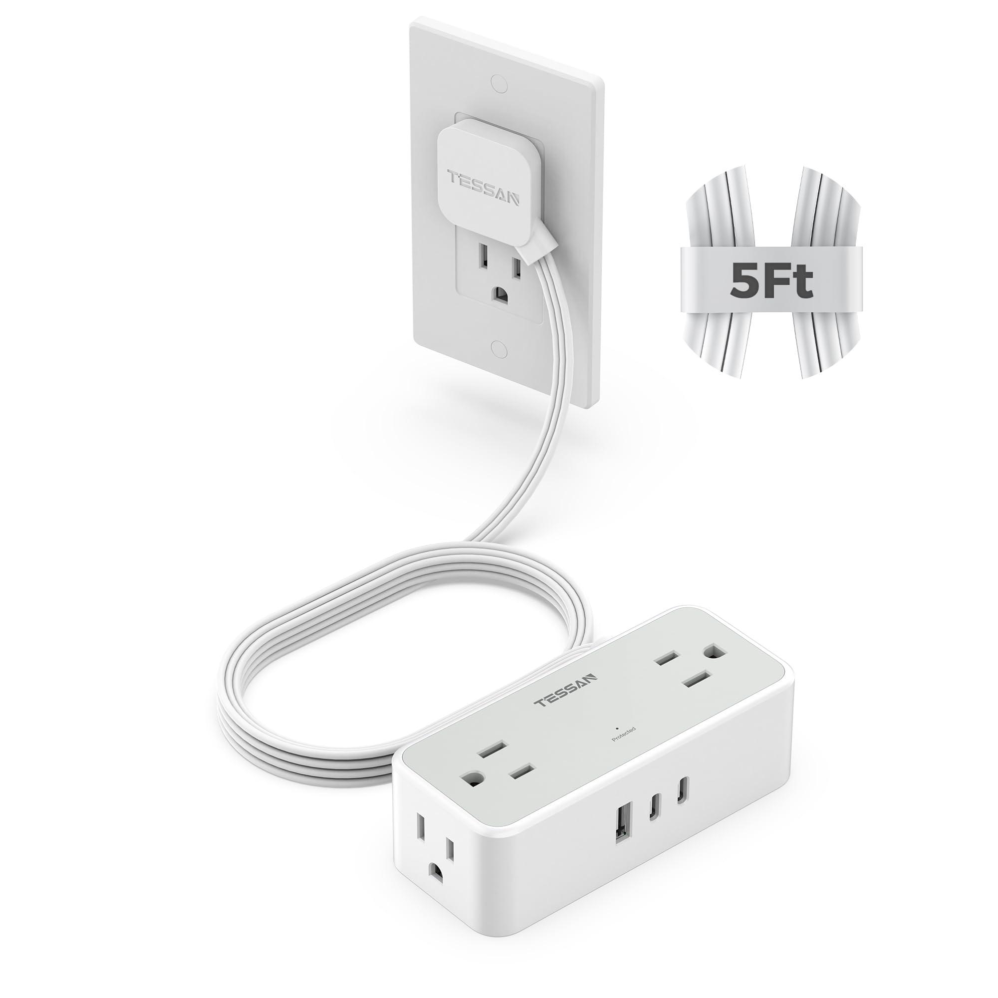 Flat Plug Extension Cord 5 FT, TESSAN Surge Protector Power Strip with 4 AC Outlets 3 USB Ports(2 USB C), 900 Joules Protection, Suitable for Home Office Dorm, Desk Organizers and Accessories