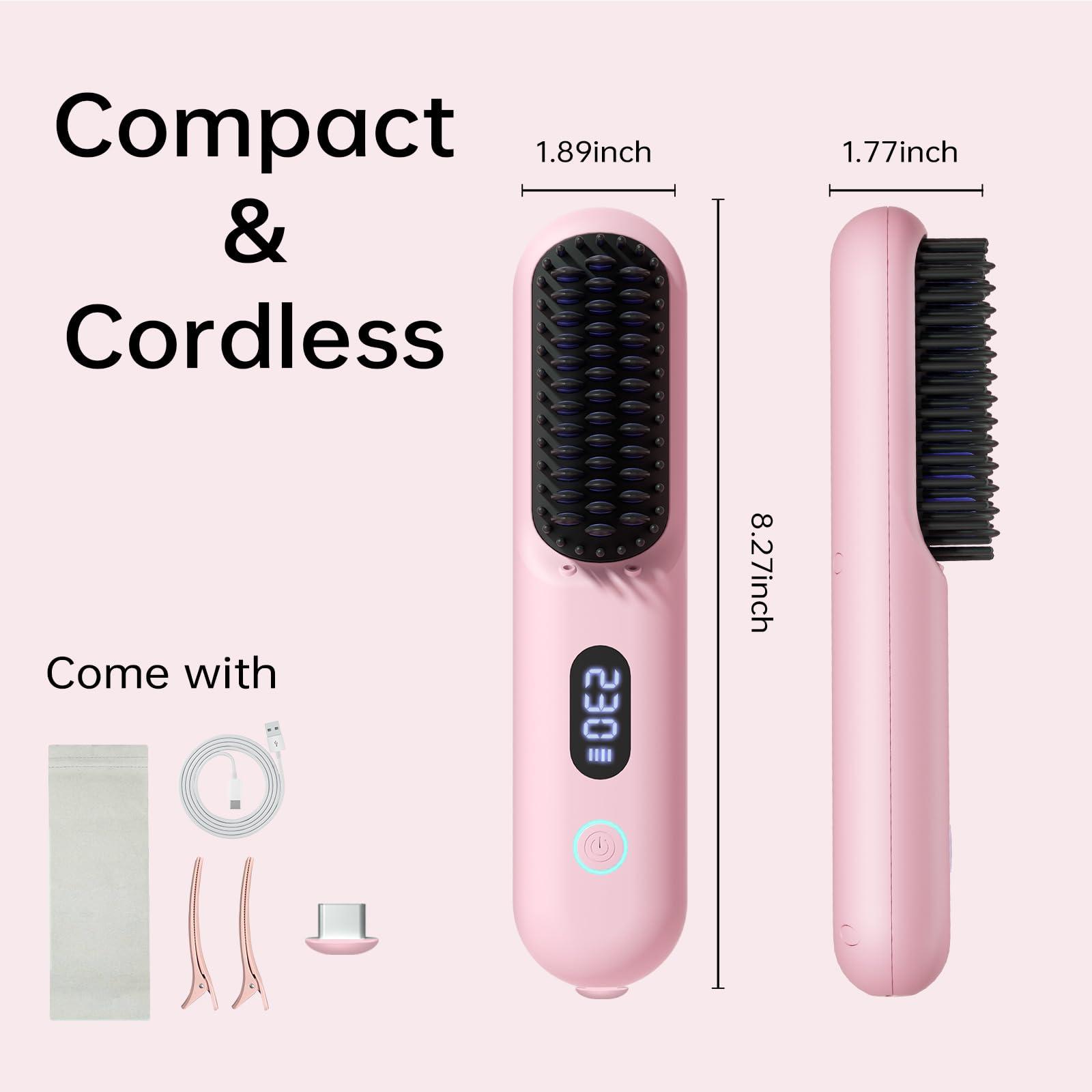 Cordless Hair Straightener Brush - Portable Straightener Brush with 9 Temp Settings, Mini Straightening Comb for Travel, 9600mAh Rechargeable Batt & 224 Million Negative Ions (Pink) - Image 8