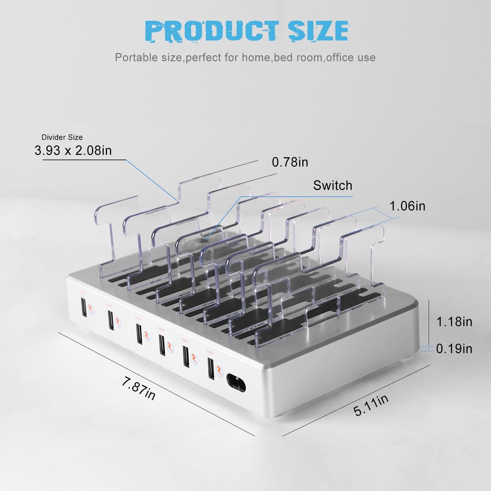 Charging Station for Multiple Devices, 6 Ports USB Multi Devices Charger Fast Cell Phone Charging Station for iPhone iPad Tablets (Silver, 6 Mixed Cables Included) - Image 2