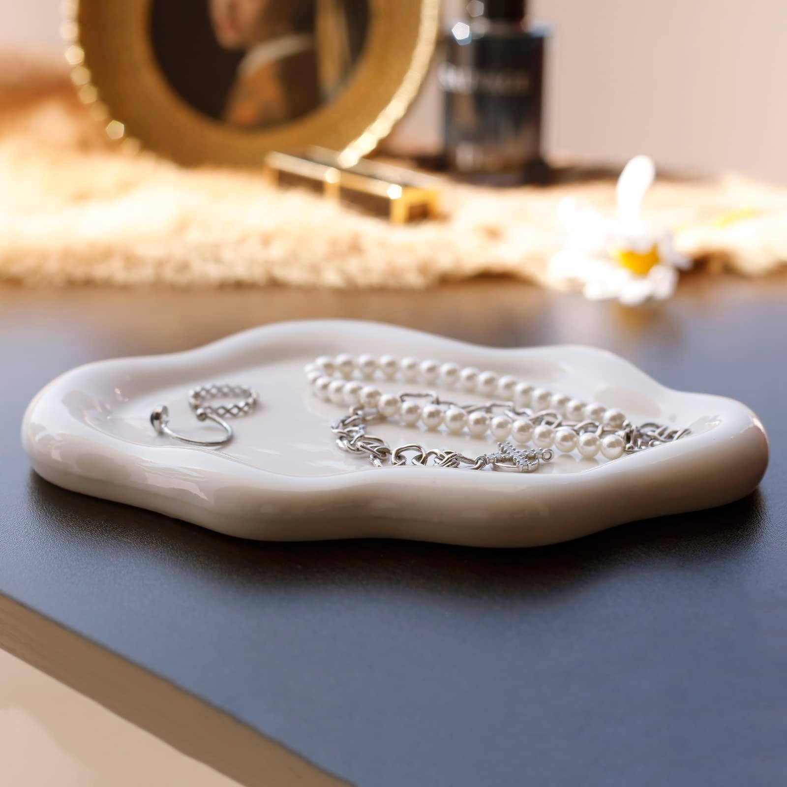 MDFAYE Jewelry Dish Trinket Tray for Women, Ring Dish Holder, Unique Cloud Shape Ceramic Plate Cute Things Vanity Aesthetic Room Decor Mother's Day Birthday (White) - Image 4