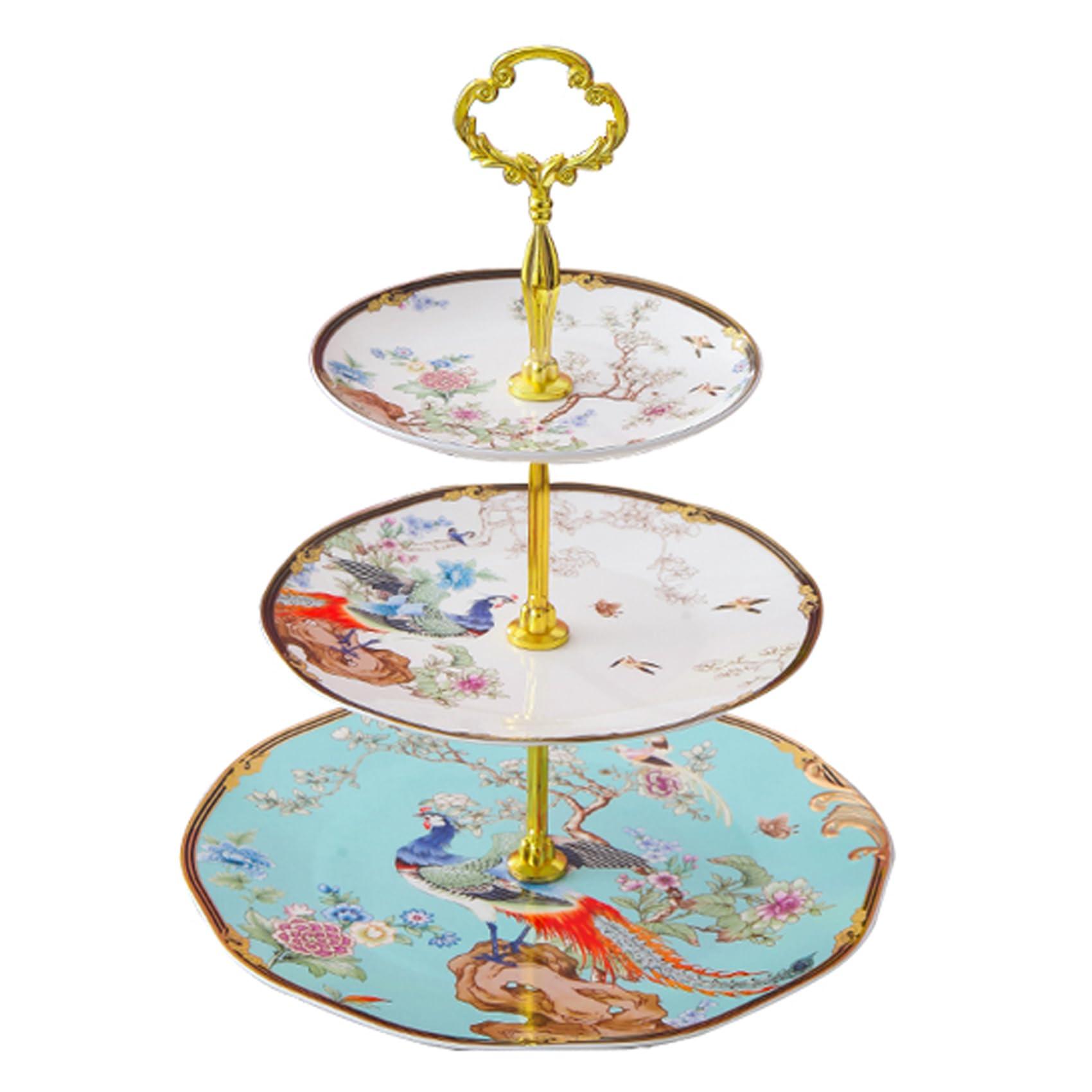 ACMLIFE 3-Tier Afternoon Tea Stand Porcelain Serving Stand Cupcake Stand Vintage Floral 3-Tier Tray Stand Light Blue Bone China Cake Stand for Tea Parties and Dessert Displays (Blue3)