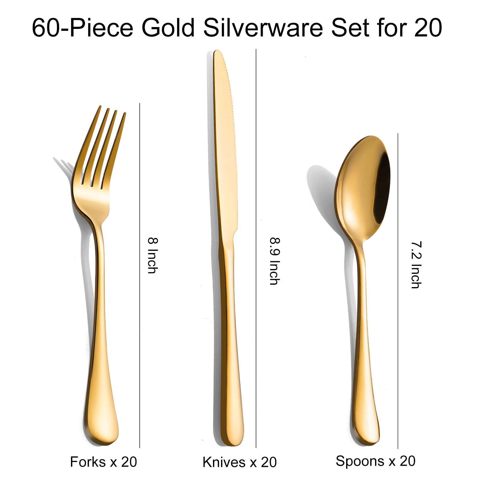 60-Pcs Gold Silverware Set - Stainless Steel Flatware Cutlery Set Service for 20, Mirror Polished Gold Flatware Set Include Forks Spoons Knives for Home, Wedding, Restaurant, Dishwasher Safe - Image 2